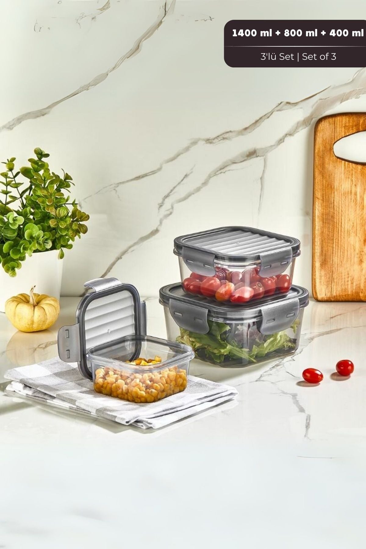Quick Sızdırmaz Saklama Kabı Seti 3'lü Set, 1,4 lt + 800 ml + 400 ml