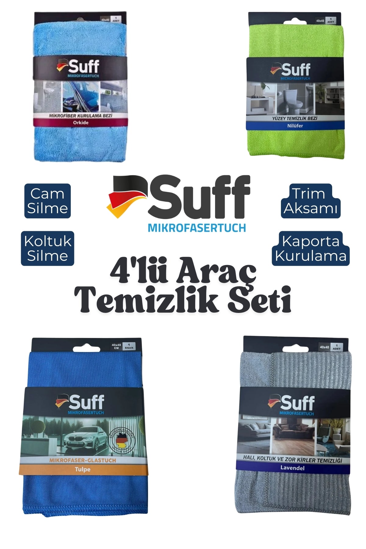 Suff 4'lü Araç Temizlik Bez Seti, Cam Bezi, Koltuk Bezi, Torpido Bezi, Araba Kurulama Bezi