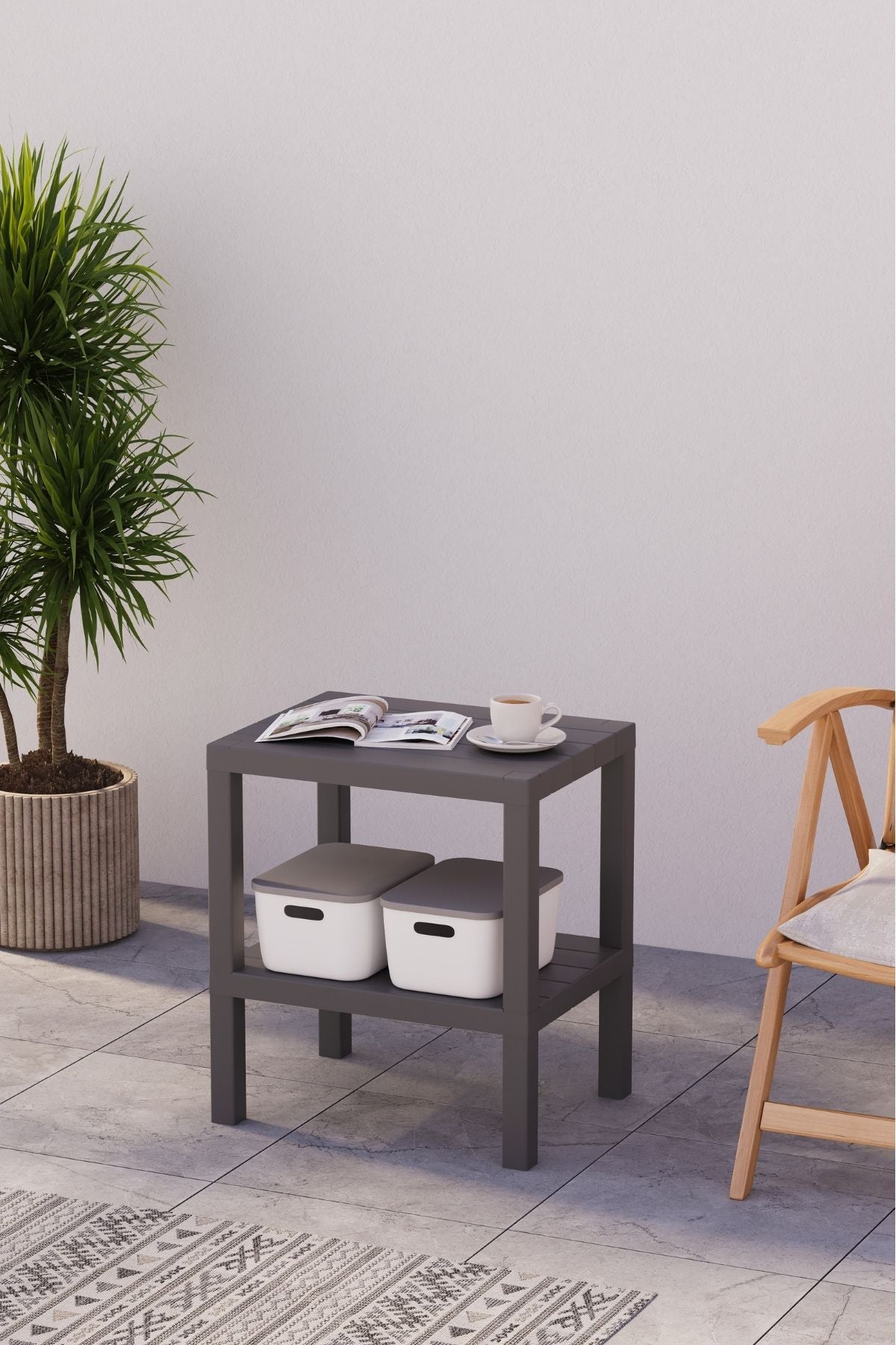 Omaş 2 Katlı Dikey Raf, Plastik Sehpa, Çiçeklik, Saksılık, Banyo Mutfak Rafı, Gri