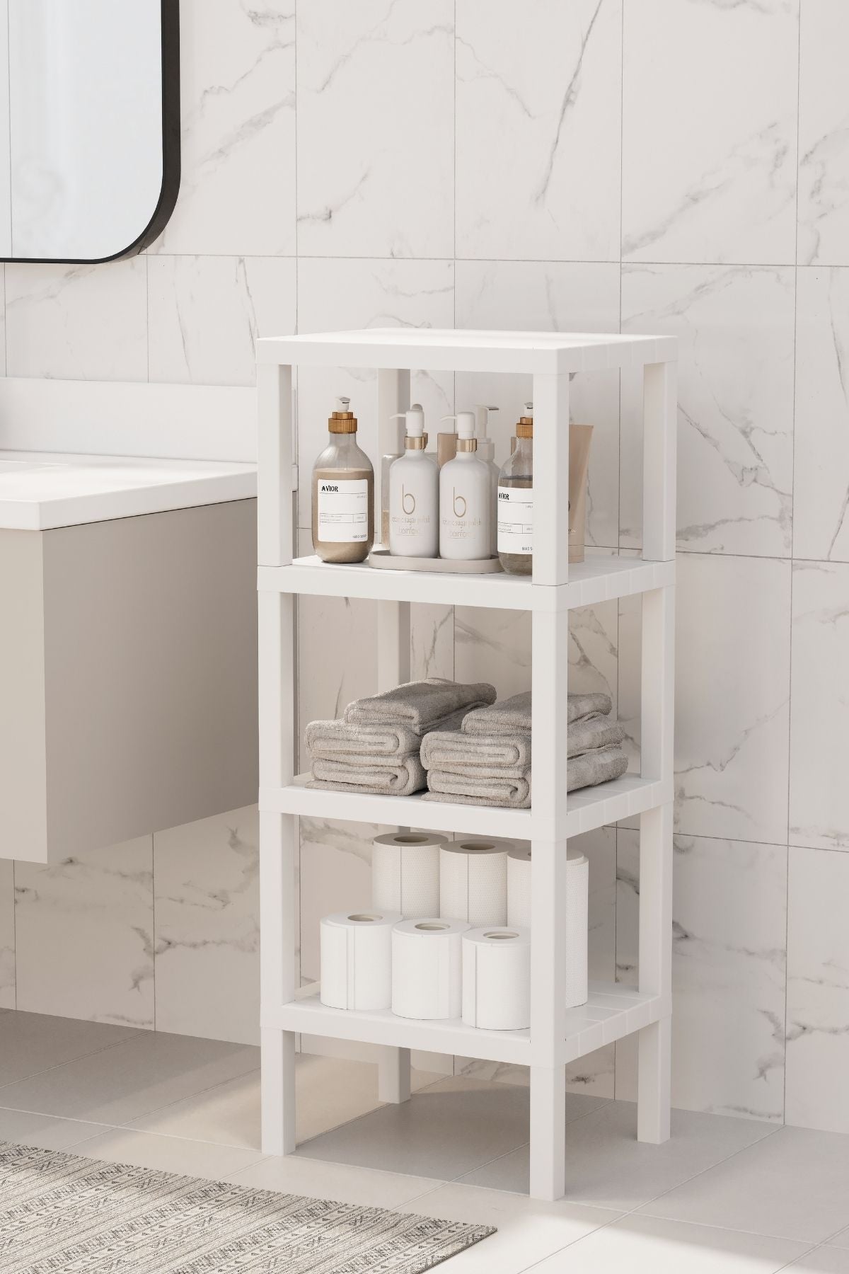 Omaş 4 Raflı Dikey Raf Düzenleyici Plastik Raf Ünitesi Beyaz, Kitaplık, Banyo, Mutfak Rafı, Beyaz