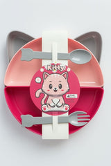 Kedi Kulaklı 4 Bölmeli Mama Tabağı + Kaşık Çatal Seti (22 cm) - Bebek ve Çocuklar İçin