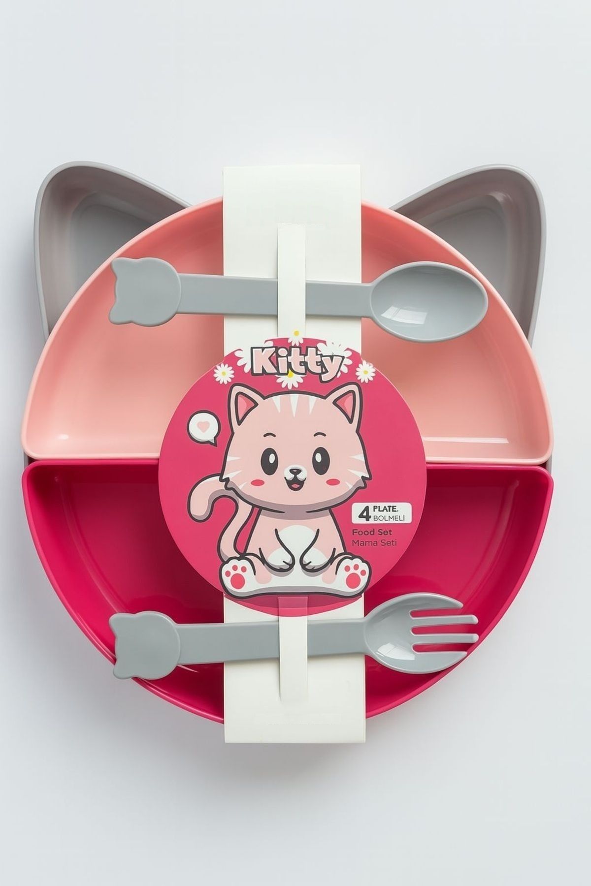 Kedi Kulaklı 4 Bölmeli Mama Tabağı + Kaşık Çatal Seti (22 cm) - Bebek ve Çocuklar İçin