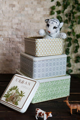 Jungle Desenli 3'lü Kare Metal Saklama Kabı Seti (2,2 Lt + 3,7 Lt + 5,8 Lt)