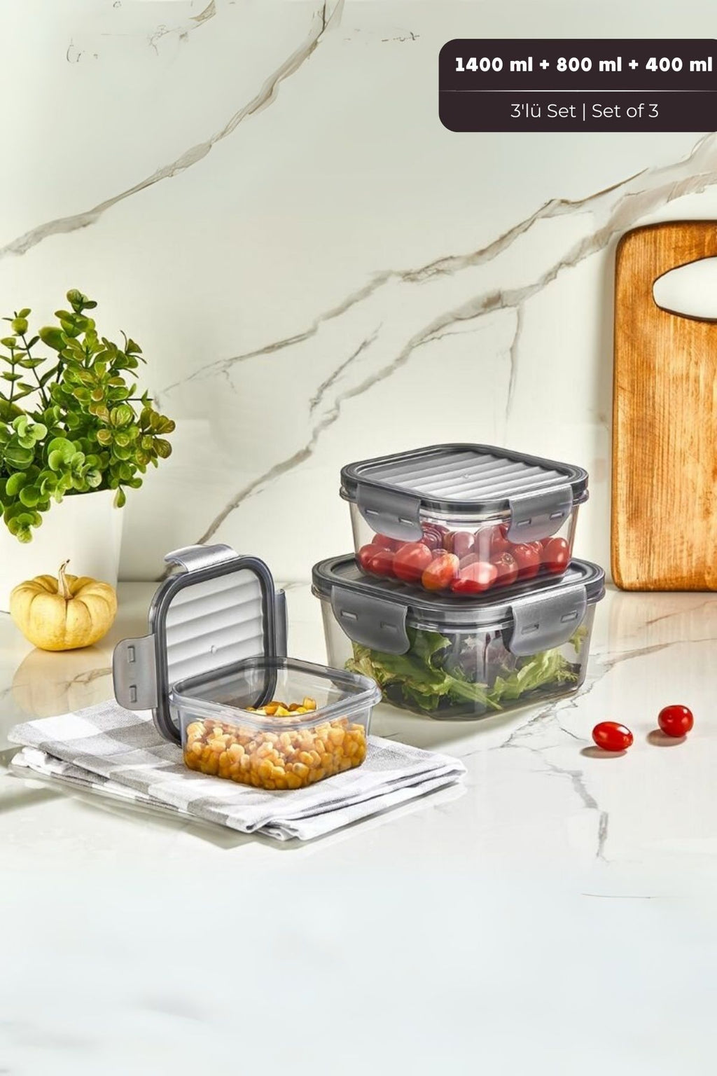 Quick Sızdırmaz Saklama Kabı Seti 3'lü Set, 1,4 lt + 800 ml + 400 ml