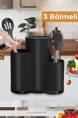 3 Bölmeli Tezgah Üstü Kaşıklık, Bıçak Standı, Siyah