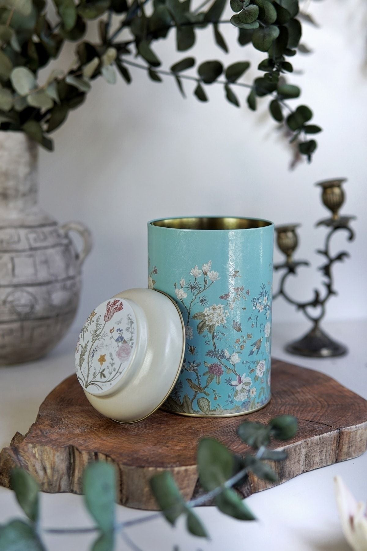 Flora Blue Desenli Yuvarlak Metal Saklama Kabı, 10,5 x 15 cm, 1,1 lt