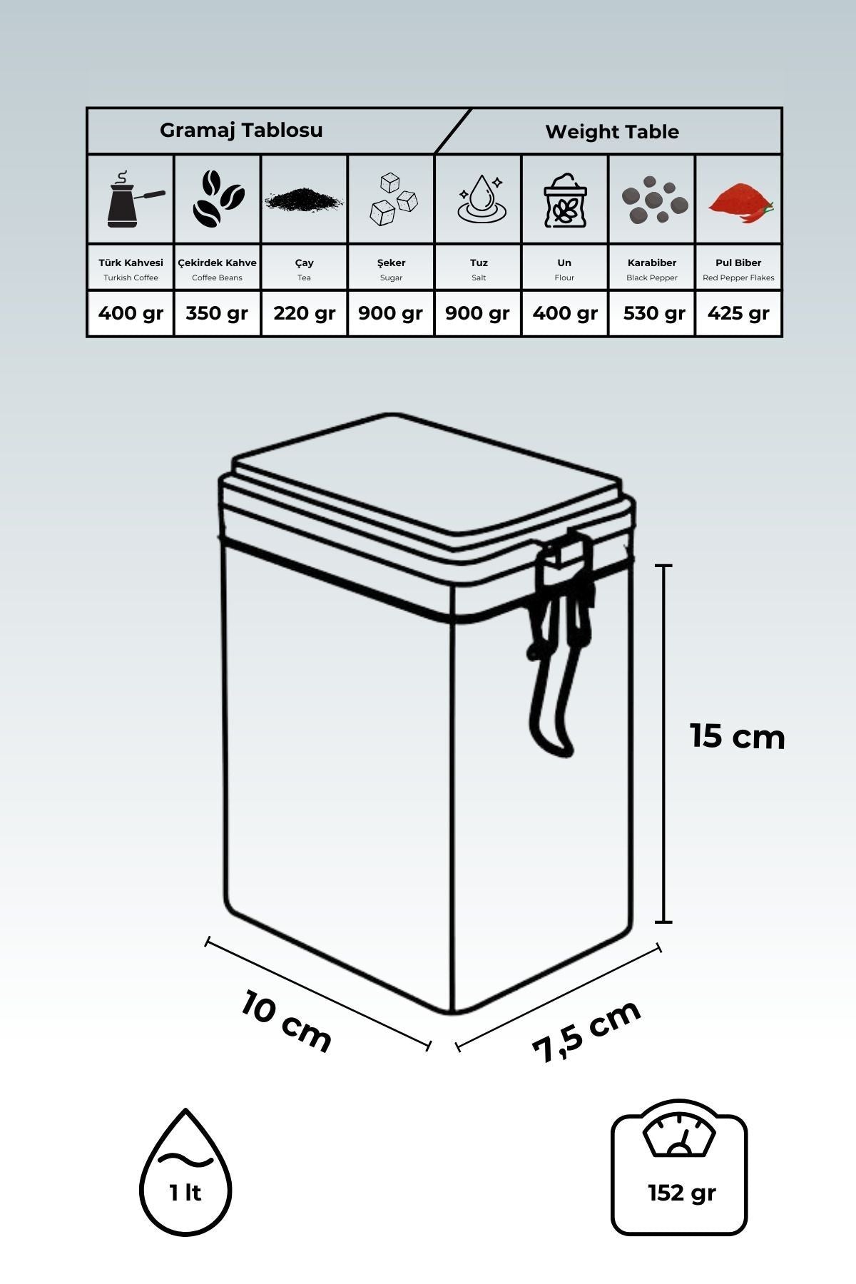 Lisbon Sugar Desenli Şeffaf Kapaklı Metal Saklama Kabı, 7,5 x 10 x 15 cm, 1 lt
