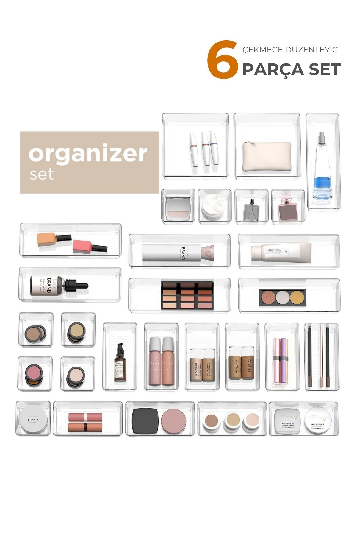 Ayarlanabilir Çekmece İçi Düzenleyici Set 6 Parça Takı Düzenleyici Ve Makyaj Organizeri