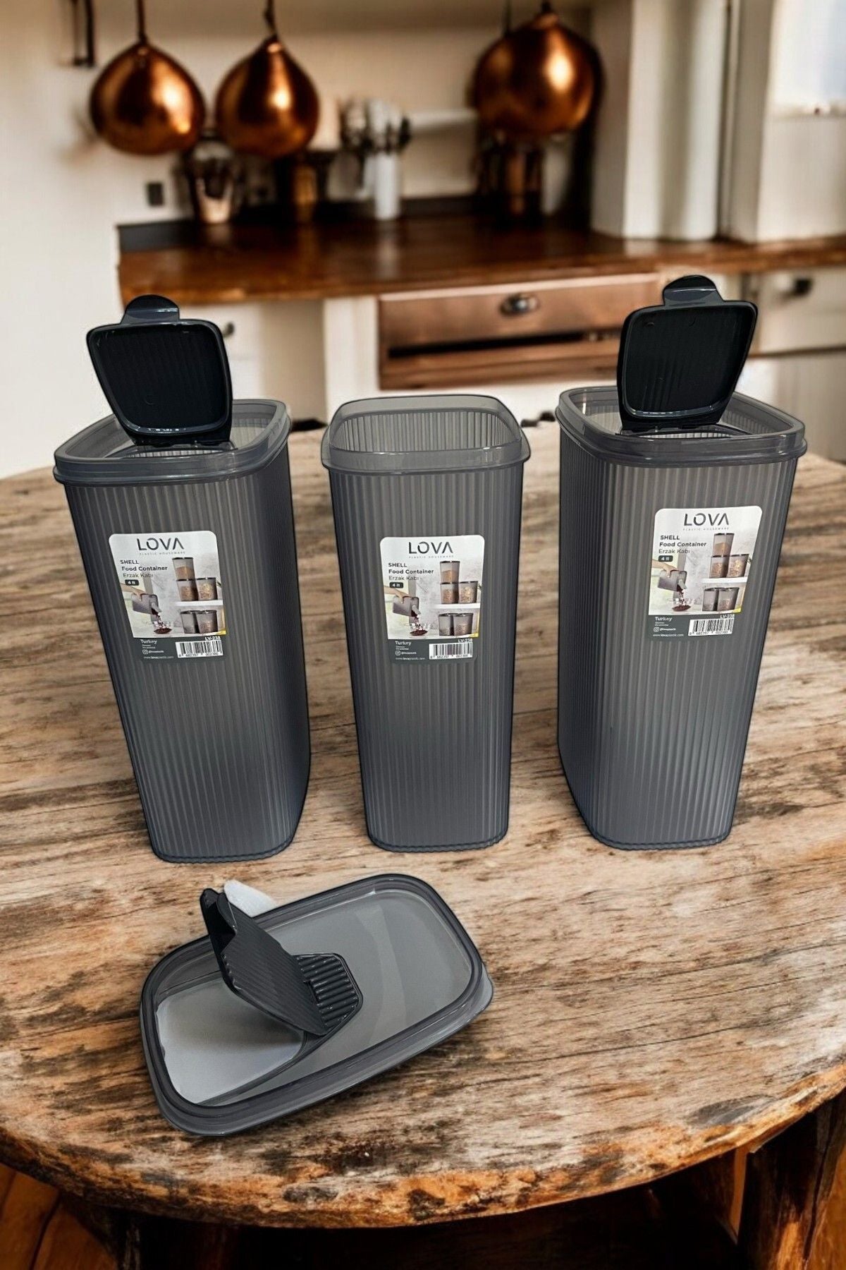 Erzak Saklama Kabı, Antrasit Renk, 4 lt, 3'lü Set