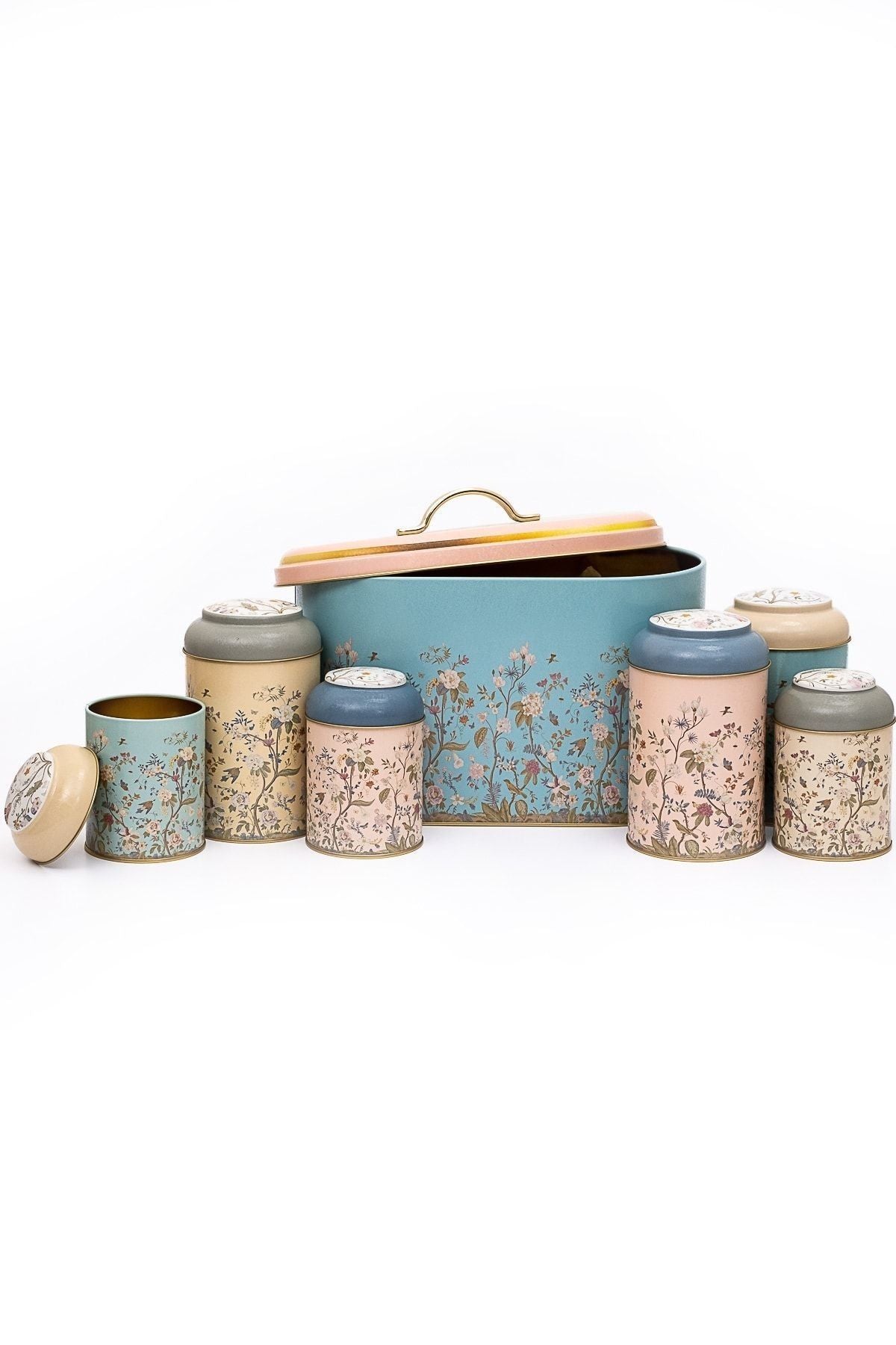 Flora Desenli 7 Parça Metal Kavanoz ve Ekmeklik Seti