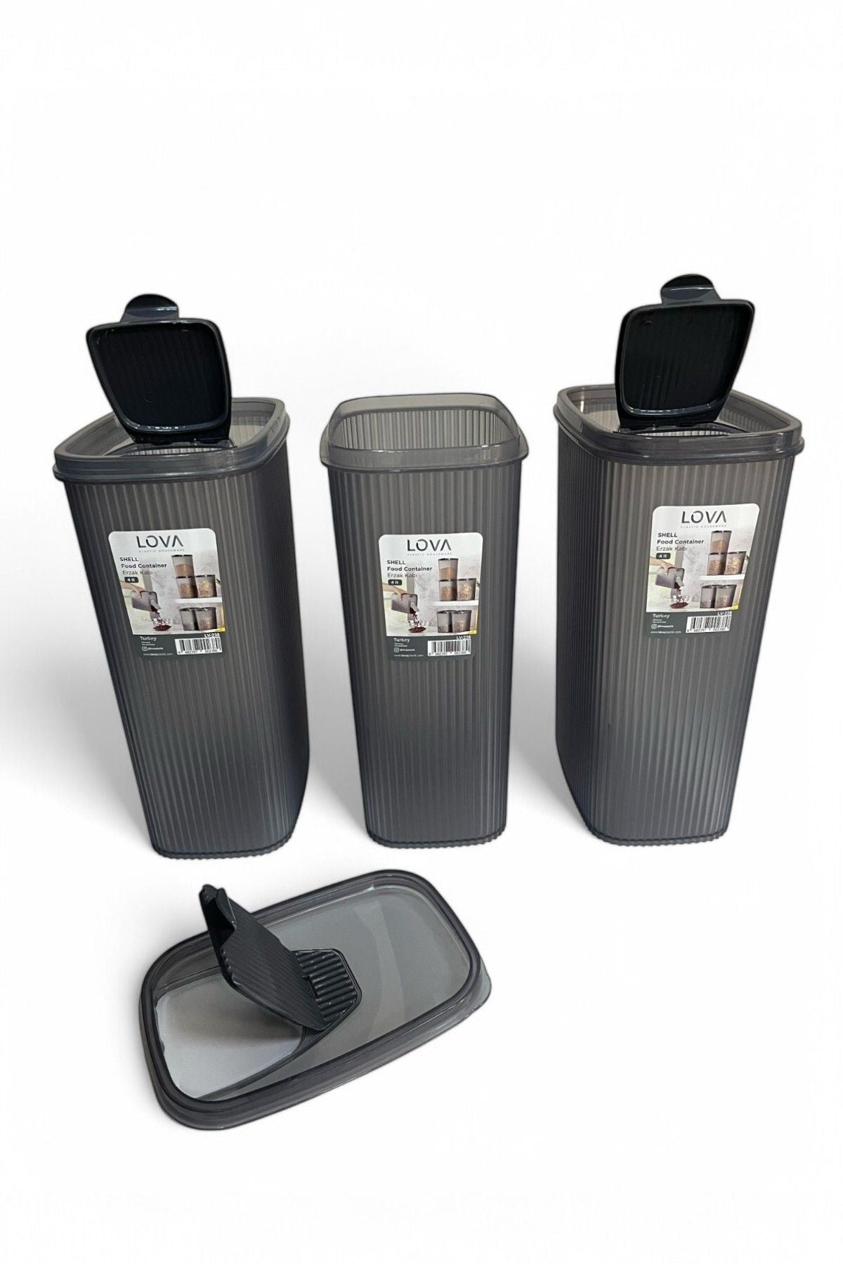 Erzak Saklama Kabı, Antrasit Renk, 4 lt, 3'lü Set