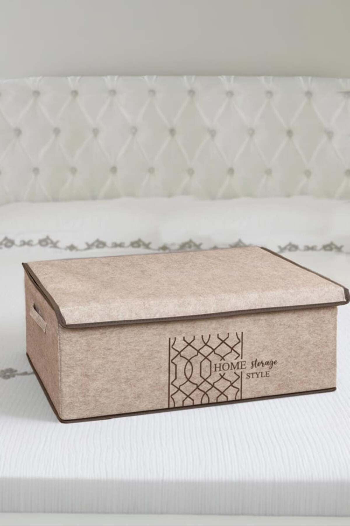 Keçe Kapaklı Çok Amaçlı Baza Saklama Kutusu, Hurç, Bej, 50 x 40 x 19 cm, 38 Litre