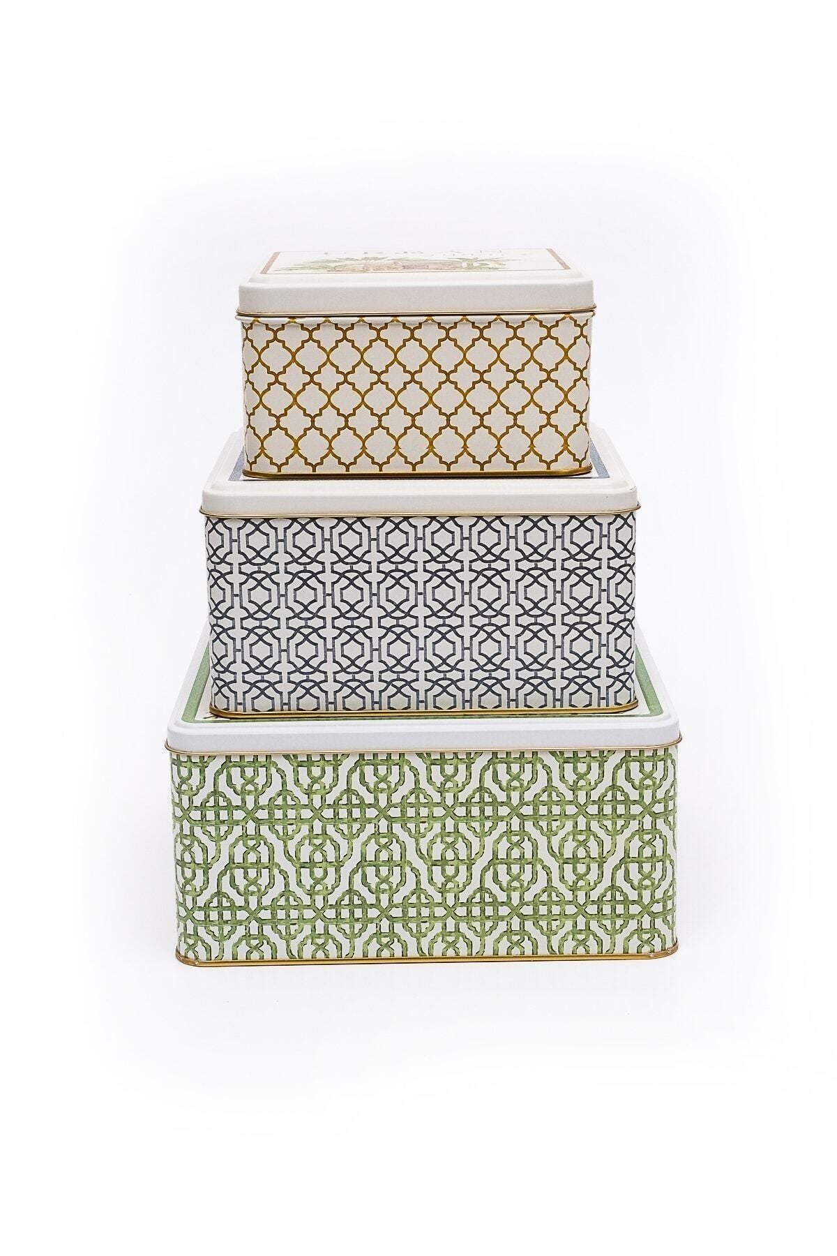 Jungle Desenli 3'lü Kare Metal Saklama Kabı Seti (2,2 Lt + 3,7 Lt + 5,8 Lt)