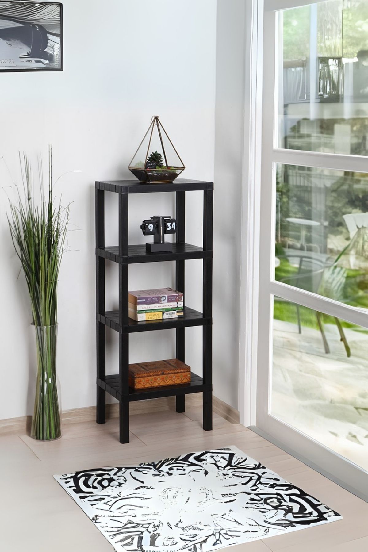 Omaş 4 Raflı Dikey Raf Düzenleyici Plastik Raf Ünitesi Siyah, Kitaplık, Banyo, Mutfak Rafı, Siyah