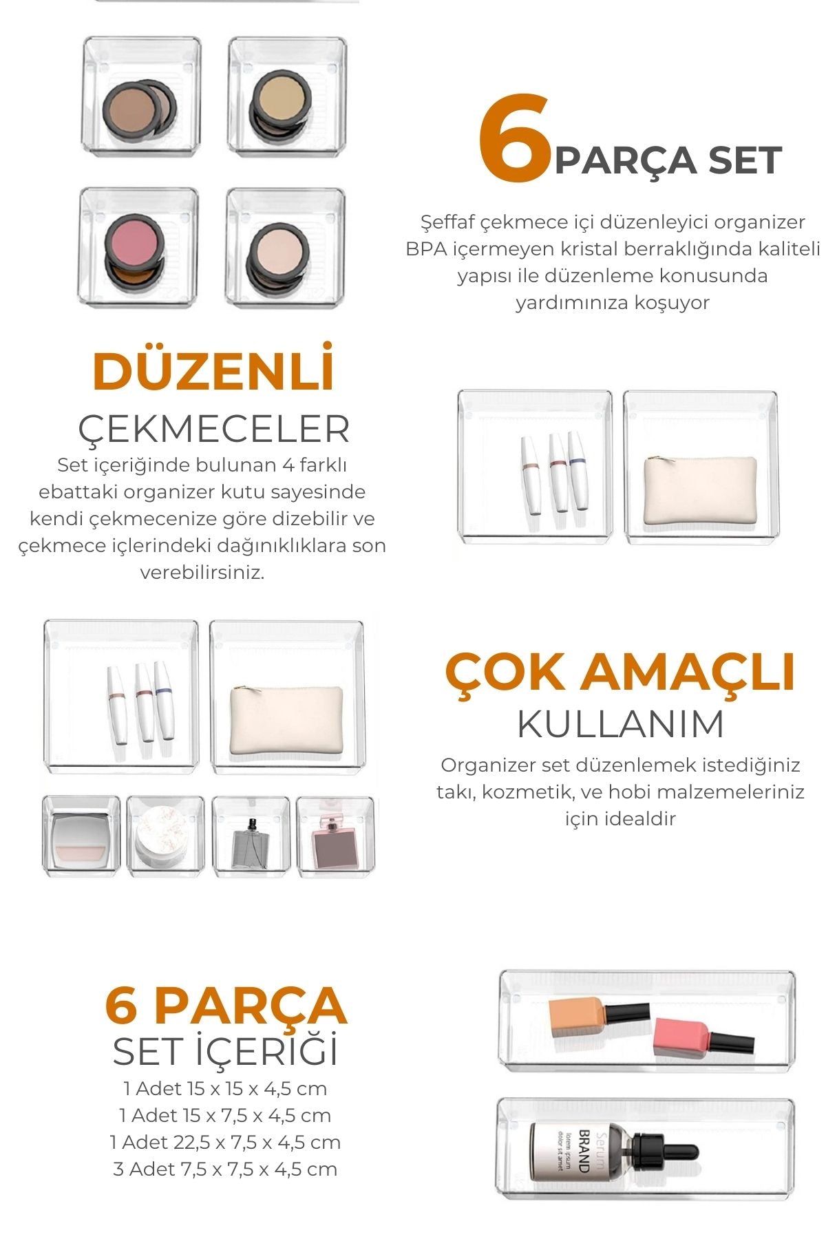 Ayarlanabilir Çekmece İçi Düzenleyici Set 6 Parça Takı Düzenleyici Ve Makyaj Organizeri