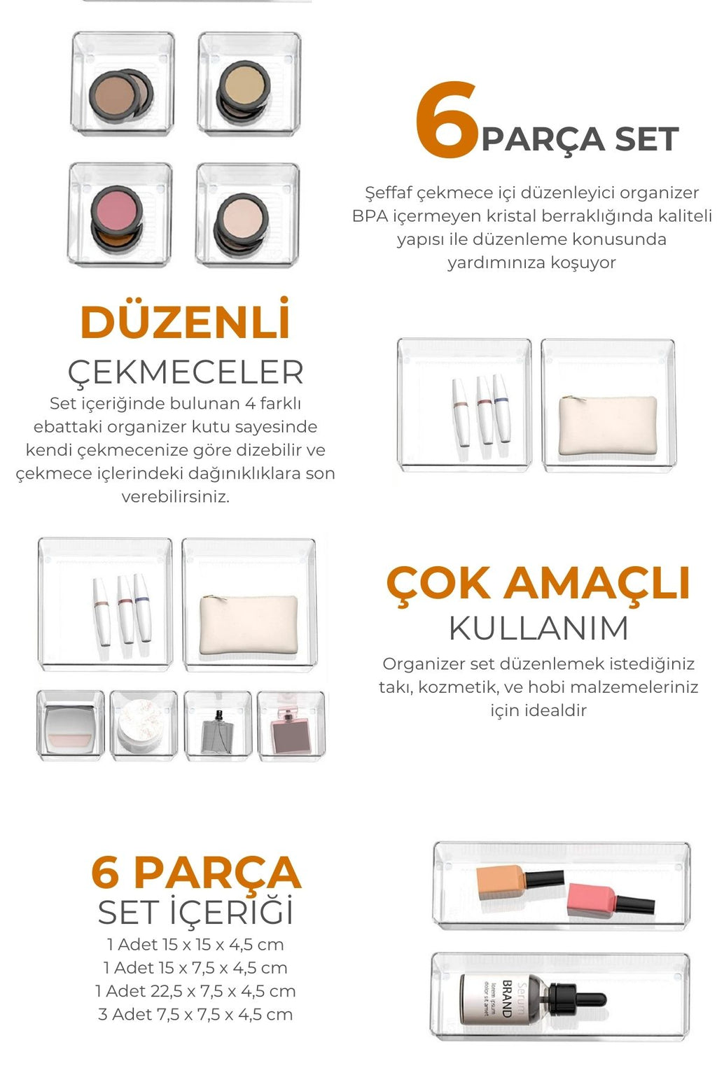 Ayarlanabilir Çekmece İçi Düzenleyici Set 6 Parça Takı Düzenleyici Ve Makyaj Organizeri