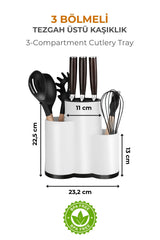 3 Bölmeli Tezgah Üstü Kaşıklık, Bıçak Standı, Beyaz