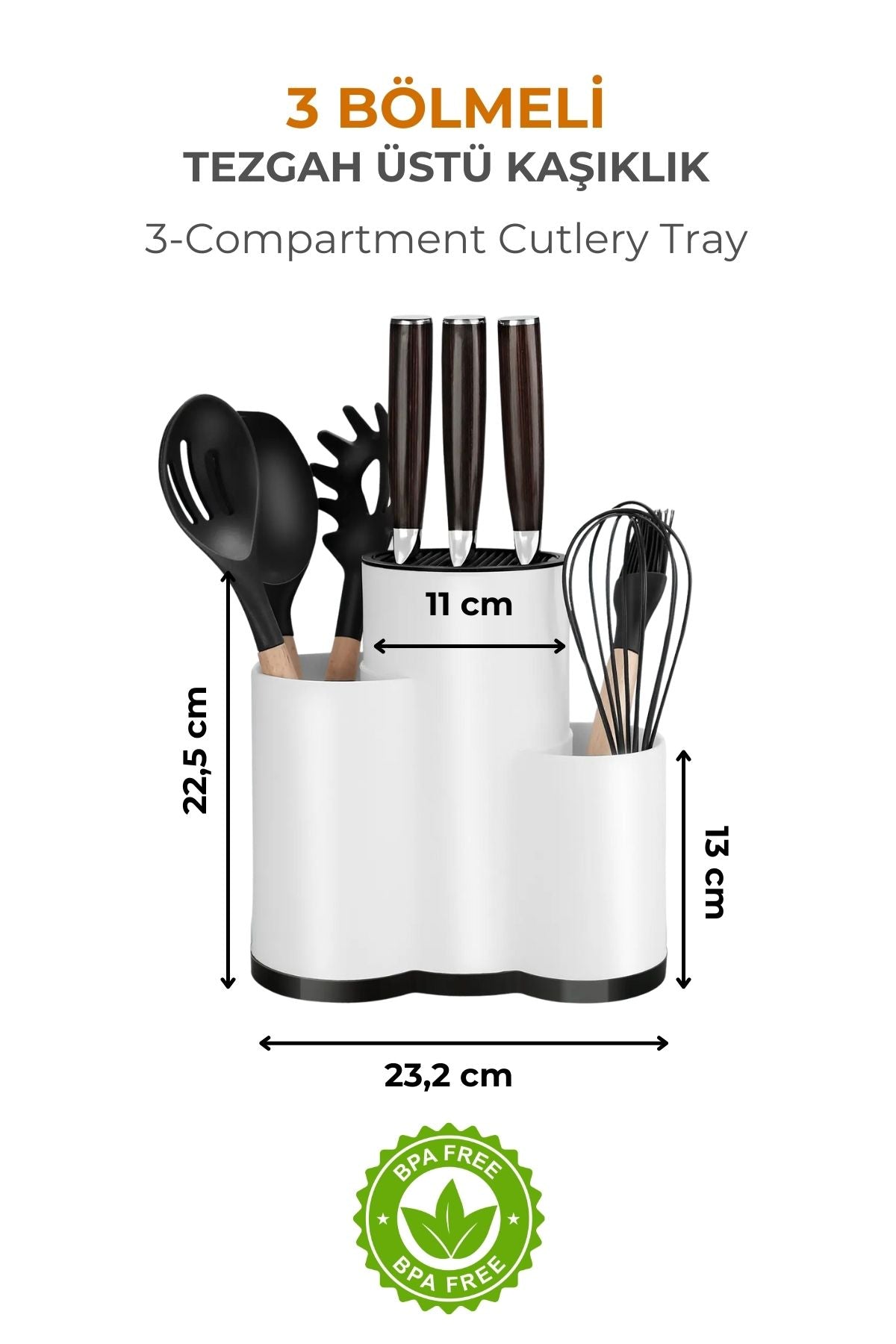 3 Bölmeli Tezgah Üstü Kaşıklık, Bıçak Standı, Beyaz