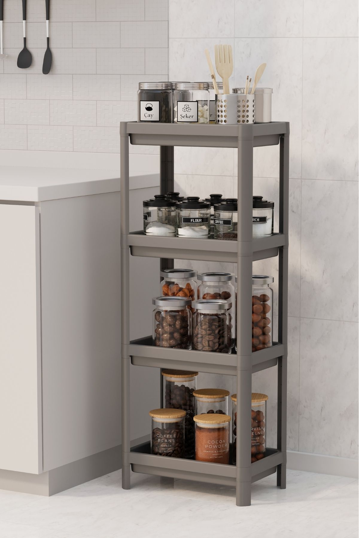 Omaş 4 Katlı Mutfak & Banyo Raf Ünitesi, Gri