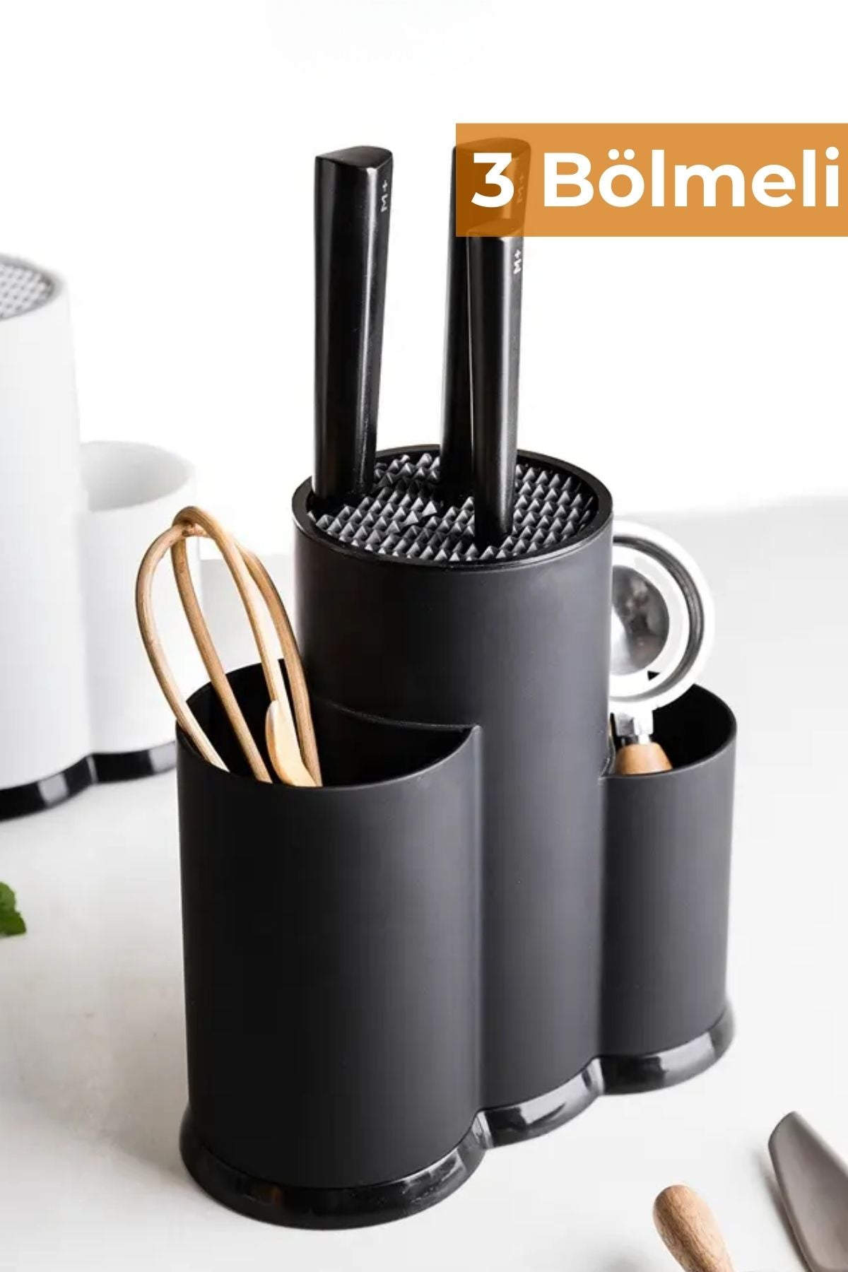 3 Bölmeli Tezgah Üstü Kaşıklık, Bıçak Standı, Siyah