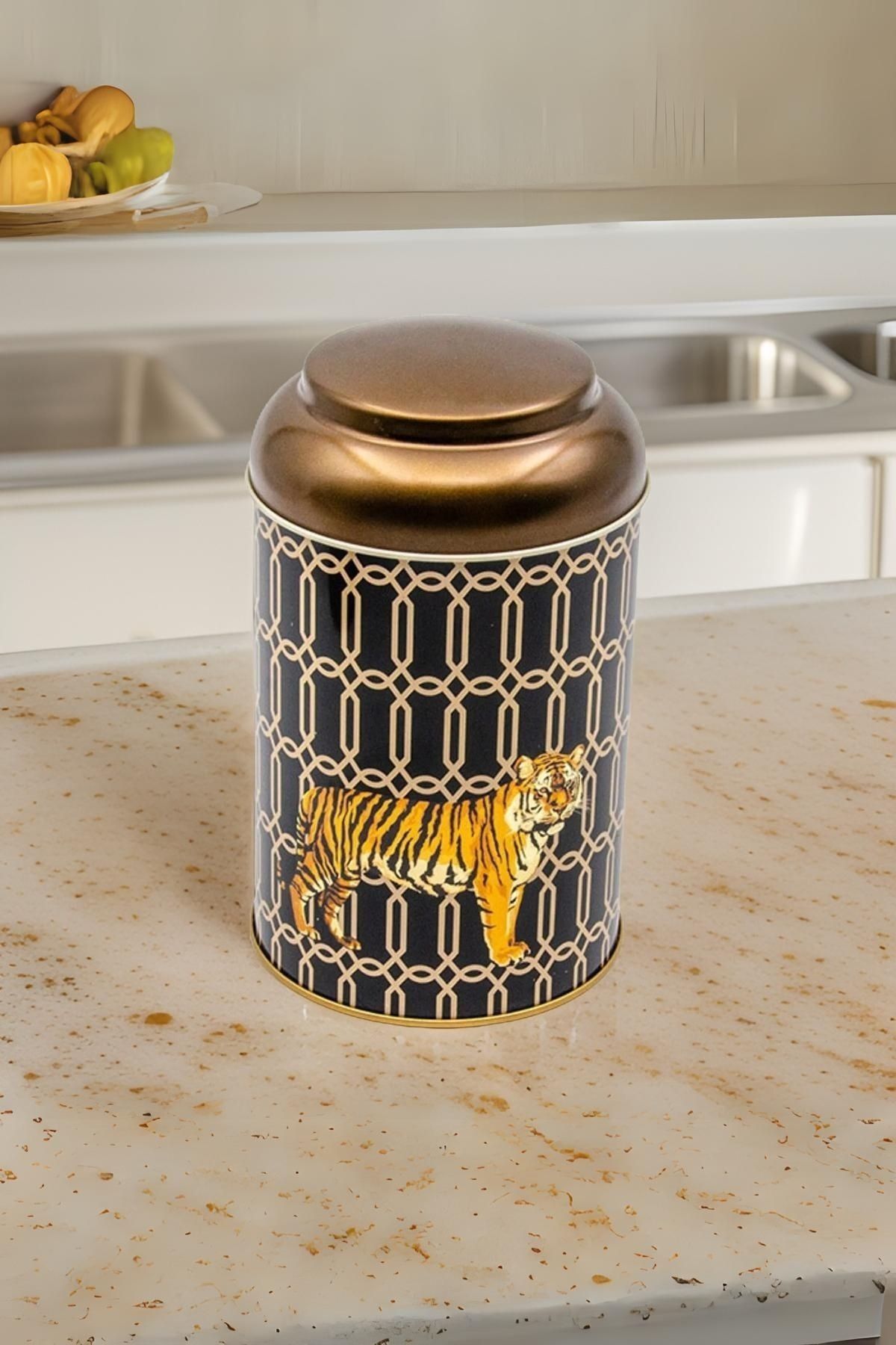 Tiger Desenli Yuvarlak Metal Saklama Kabı, 10,5 x 15 cm, 1,1 lt