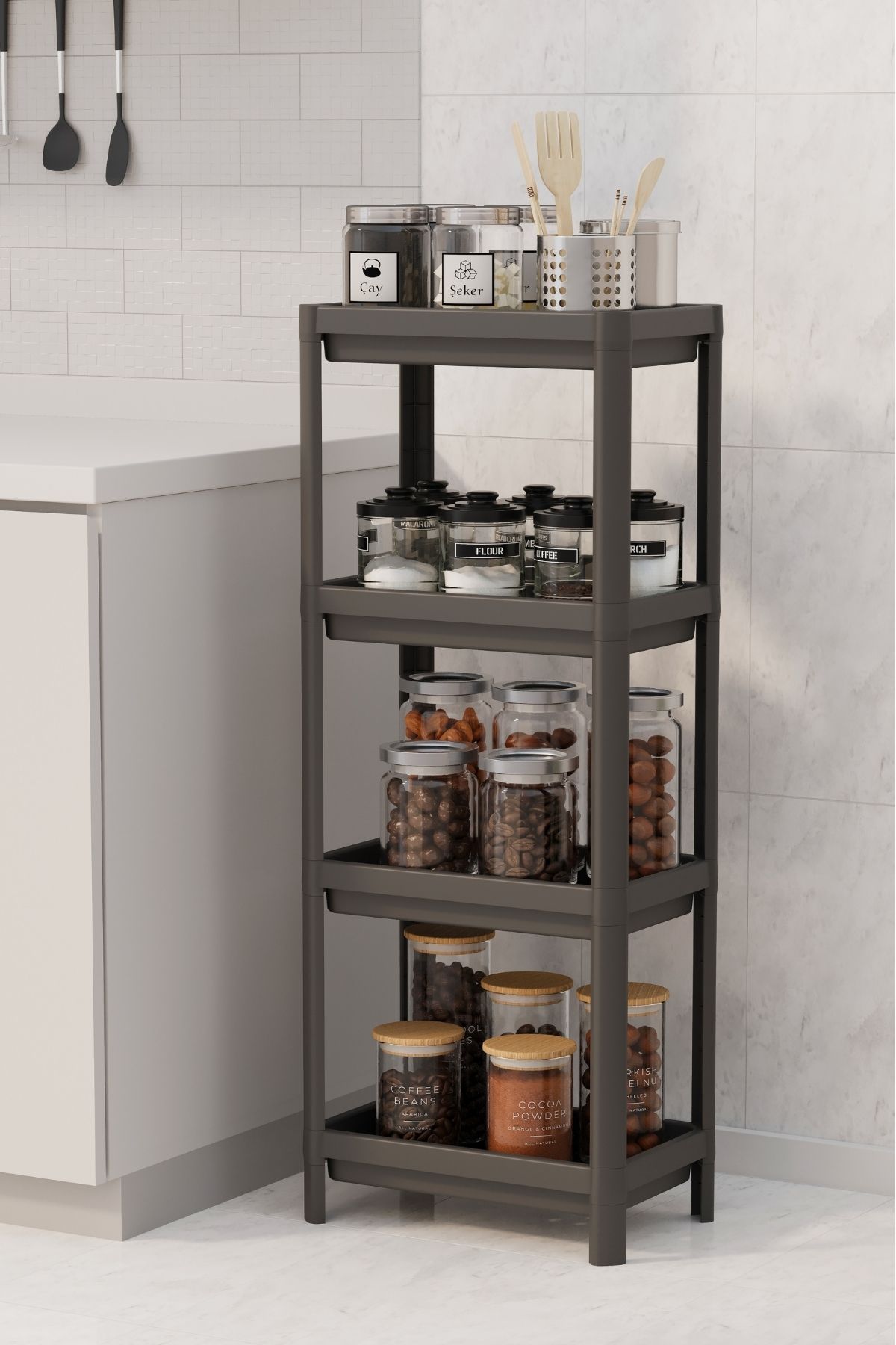 Omaş 4 Katlı Mutfak & Banyo Raf Ünitesi, Siyah