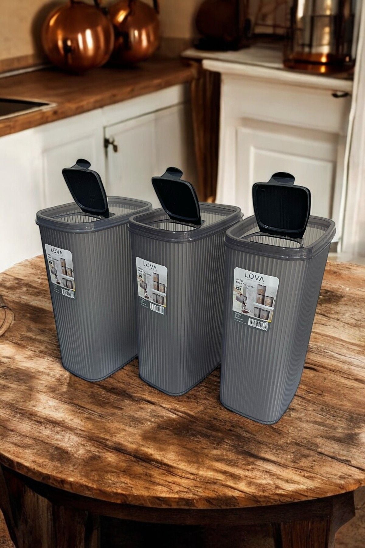 Erzak Saklama Kabı, Antrasit Renk, 4 lt, 3'lü Set