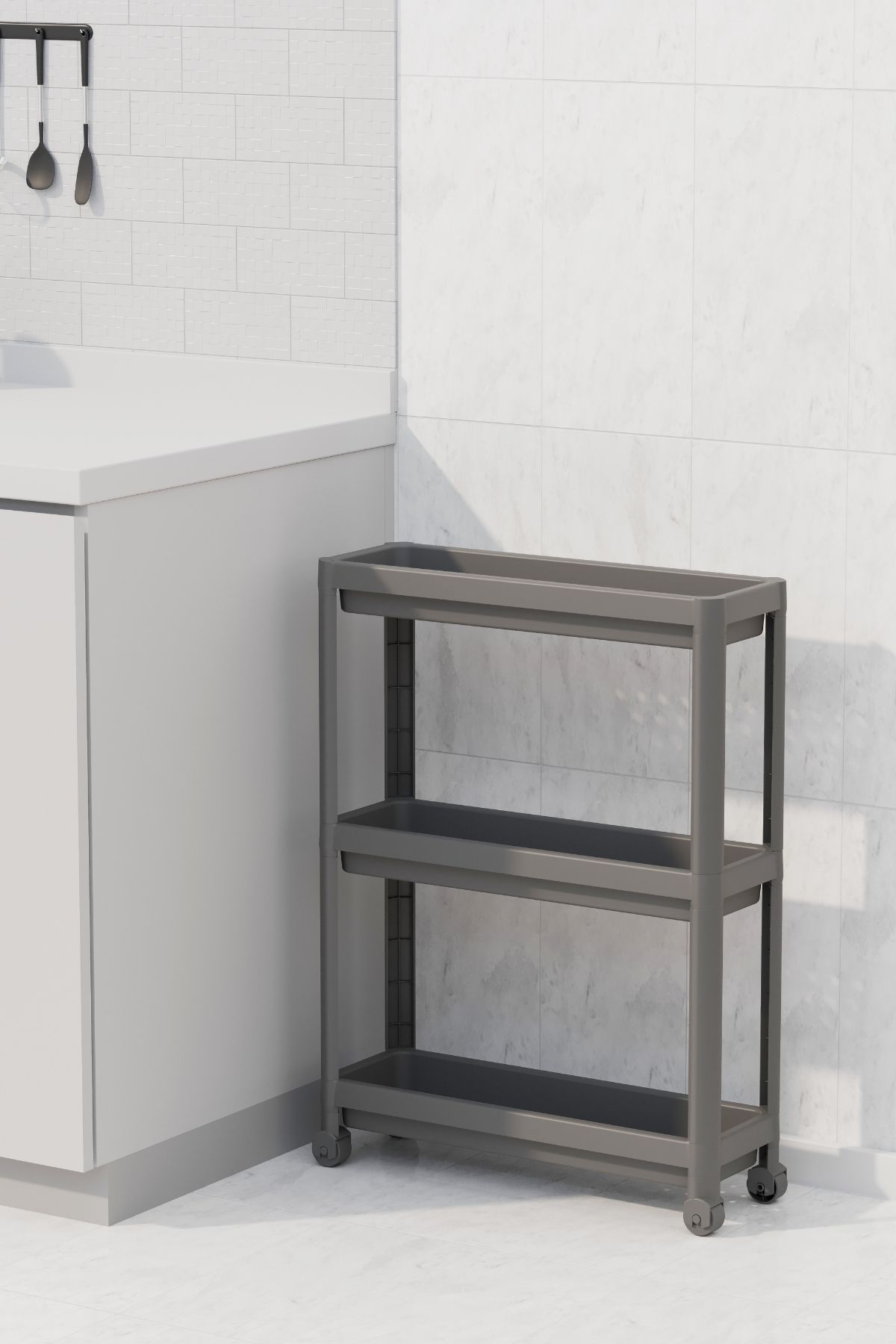 Omaş 3 Katlı Tekerlekli Slim Raf Ünitesi, Mutfak Rafı, Banyo Rafı