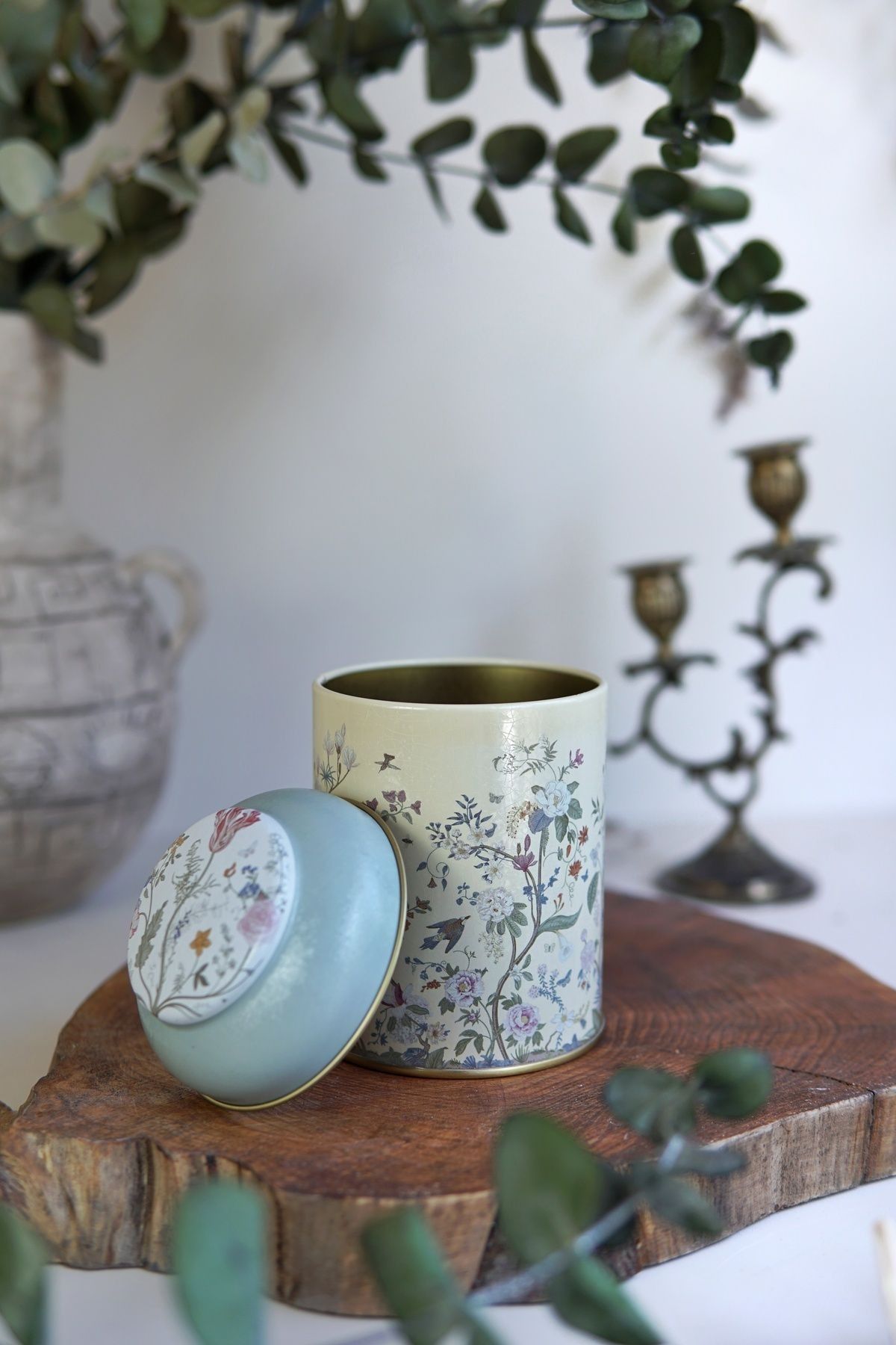 Flora Yellow Desenli Yuvarlak Metal Saklama Kabı, 9 x 11 cm, 0,6 lt