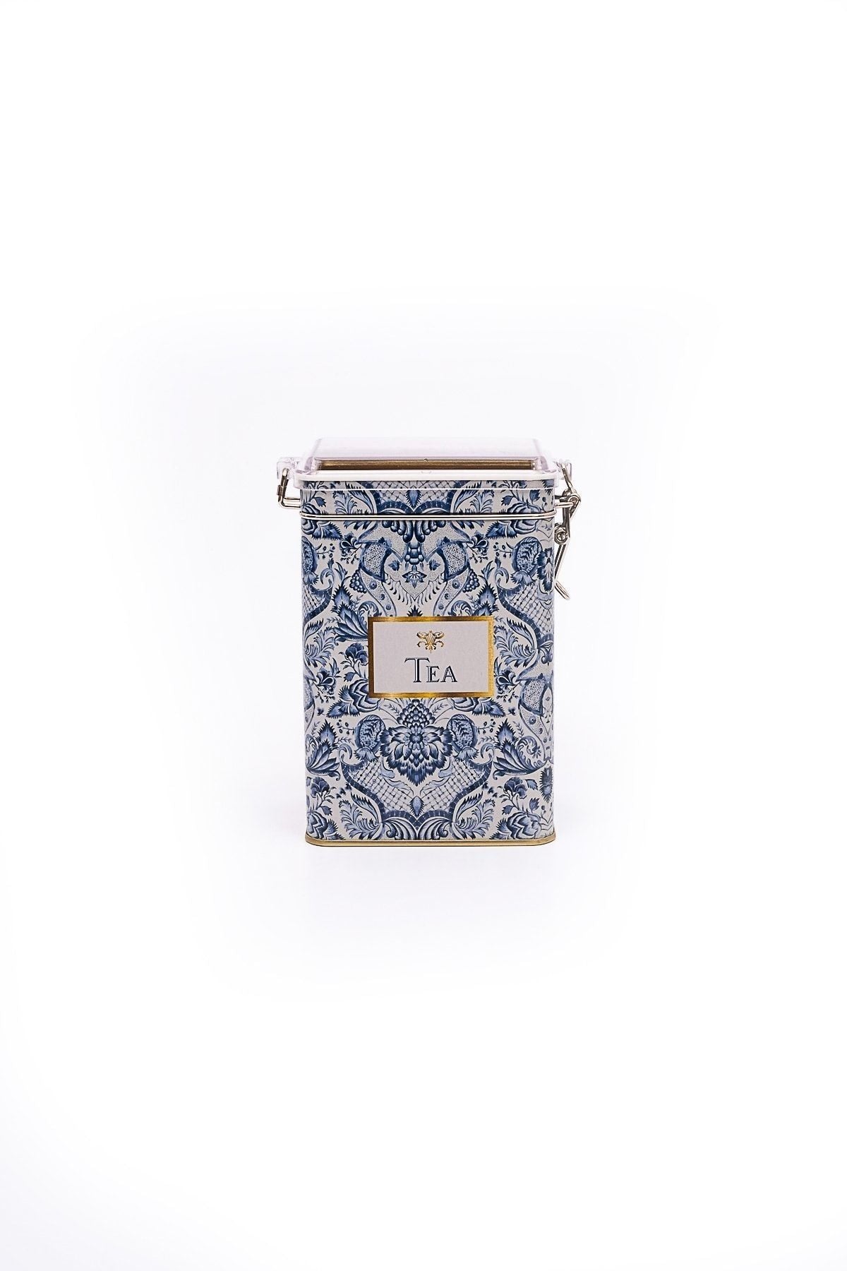 Lisbon Tea Desenli Şeffaf Kapaklı Metal Saklama Kabı, 7,5 x 10 x 15 cm, 1 lt