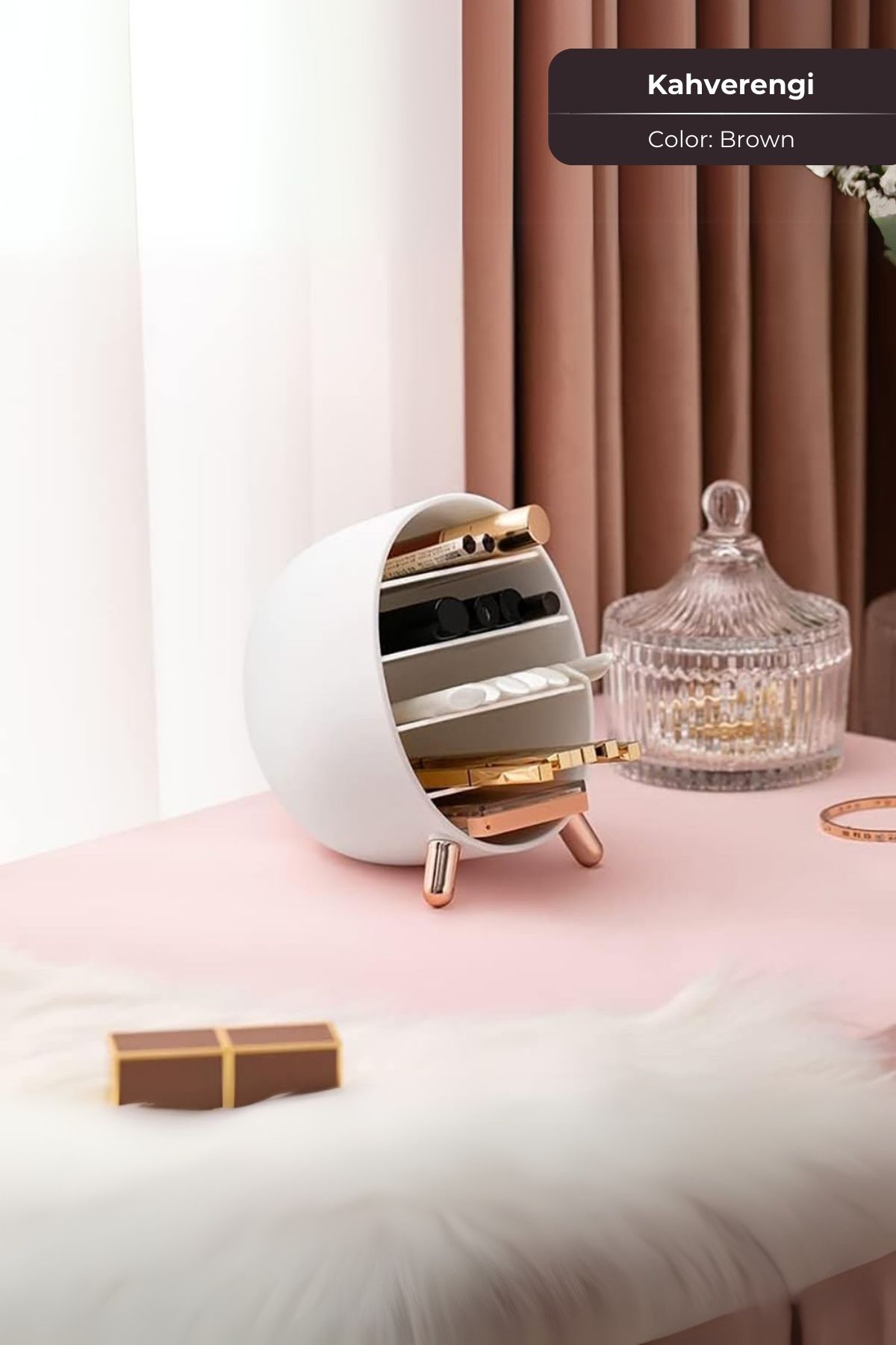 Makeup Organizer, Ruj, Rimel, Oje Düzenleyici, Makyaj Organizeri Mini, 14 x 14 cm, Kahverengi