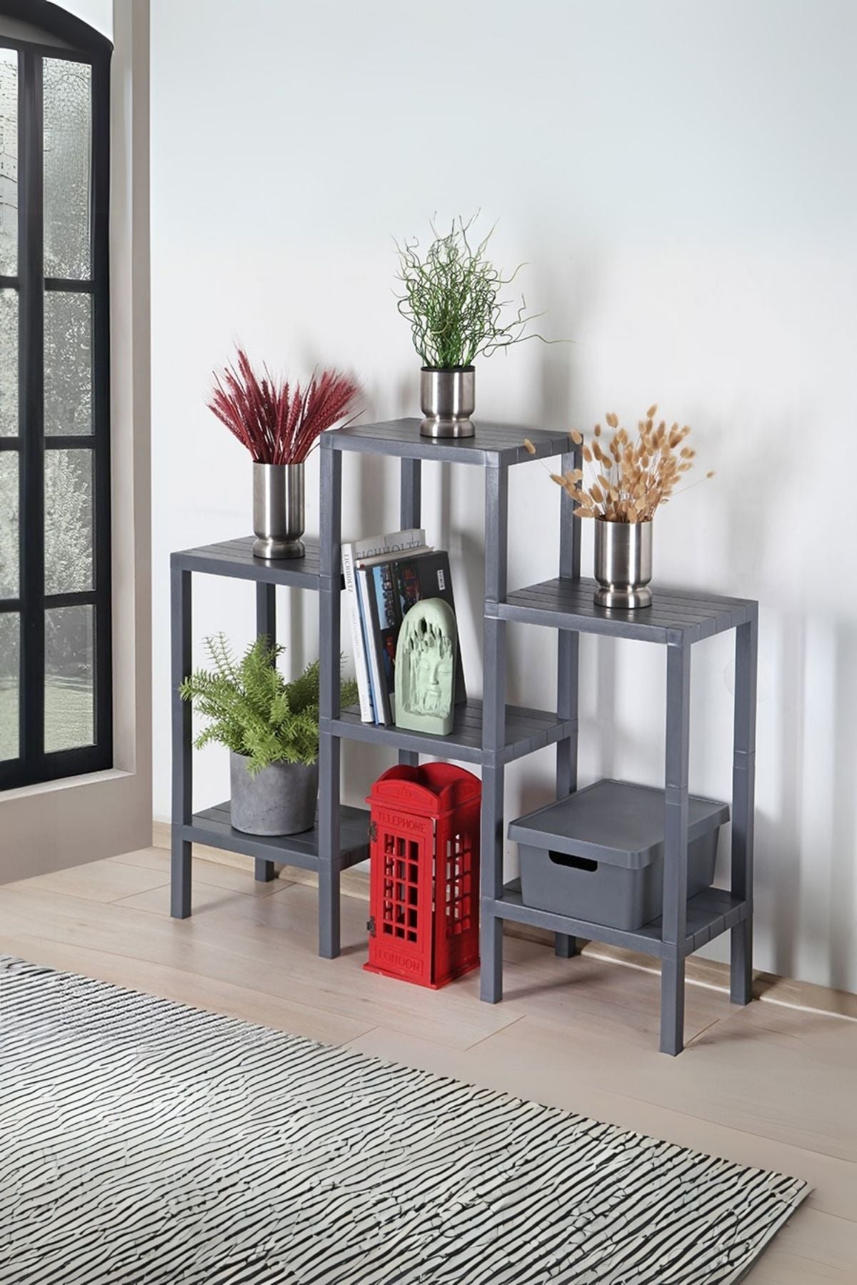 Omaş 6 Katlı Düzenleyici Plastik Raf Ünitesi Siyah, Kitaplık, Banyo, Mutfak Rafı, Gri