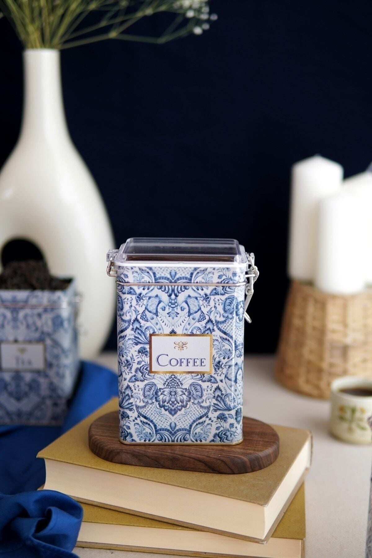 Lisbon Desenli Tea, Coffee, Sugar Şeffaf Kapaklı Metal Saklama Kabı 3'lü Set, 7,5 x 10 x 15 cm, 1 lt