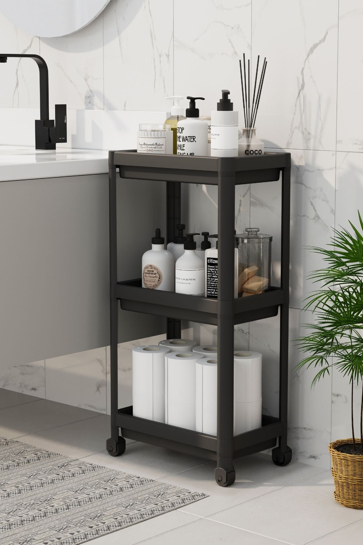 3 Katlı Tekerlekli Mutfak Rafı, Terek, Banyo Rafı, Siyah