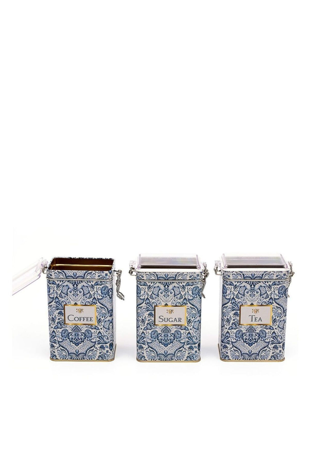 Lisbon Desenli Tea, Coffee, Sugar Şeffaf Kapaklı Metal Saklama Kabı 3'lü Set, 7,5 x 10 x 15 cm, 1 lt