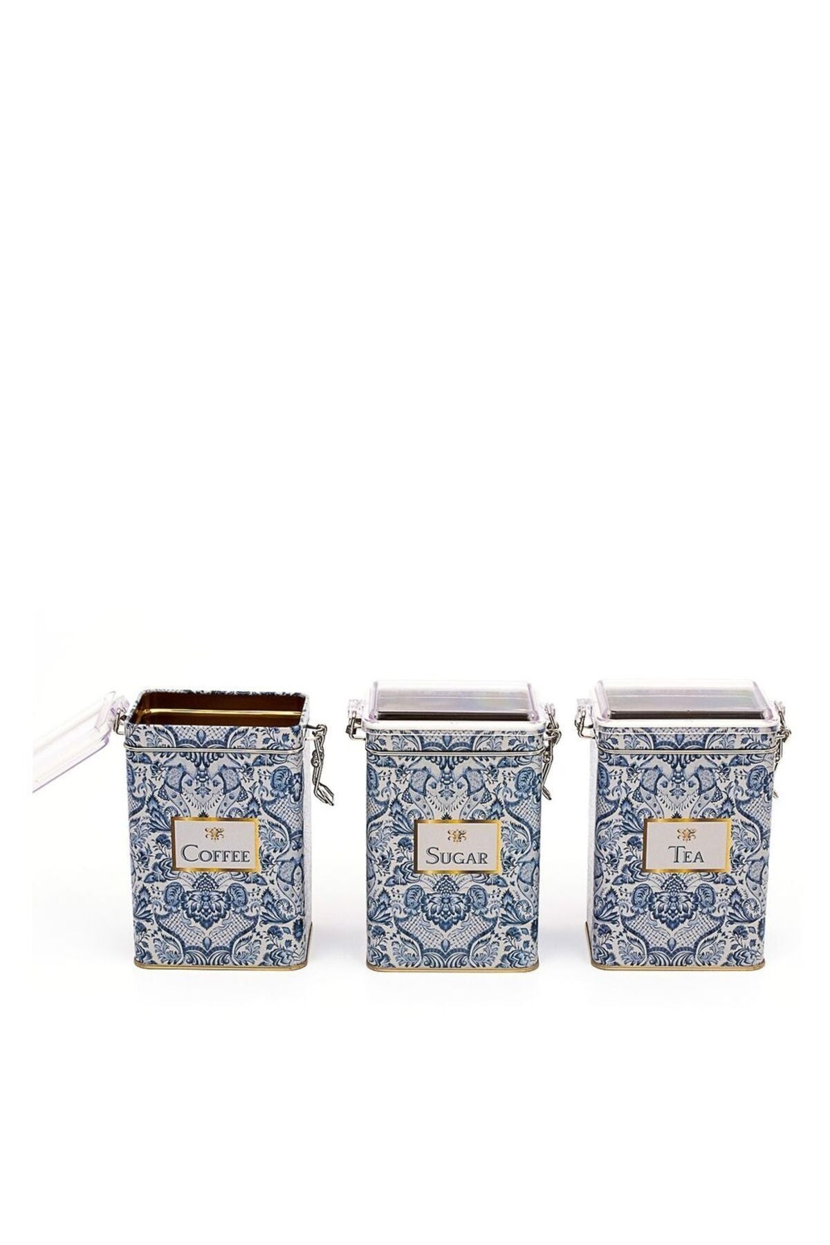 Lisbon Desenli Tea, Coffee, Sugar Şeffaf Kapaklı Metal Saklama Kabı 3'lü Set, 7,5 x 10 x 15 cm, 1 lt