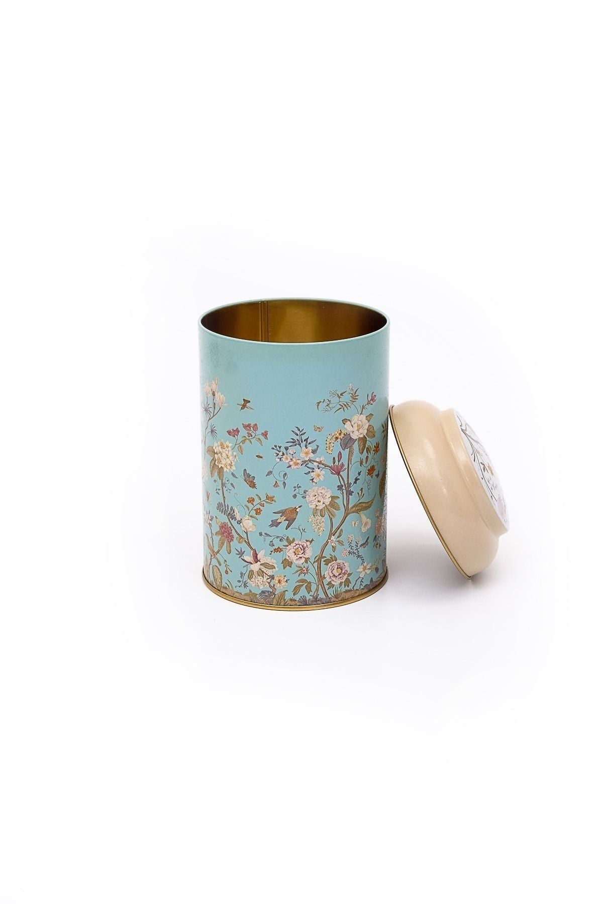 Flora Blue Desenli Yuvarlak Metal Saklama Kabı, 10,5 x 15 cm, 1,1 lt