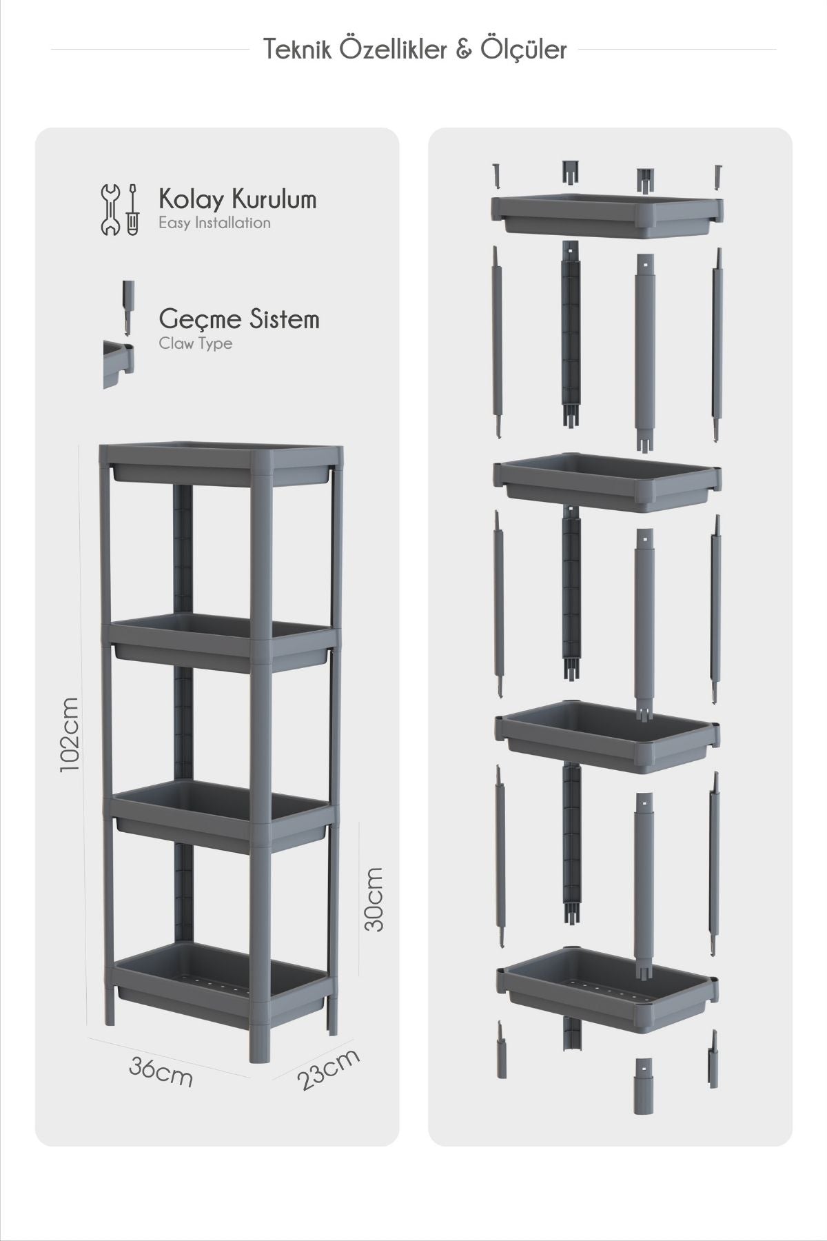 Omaş 4 Katlı Mutfak & Banyo Raf Ünitesi, Siyah