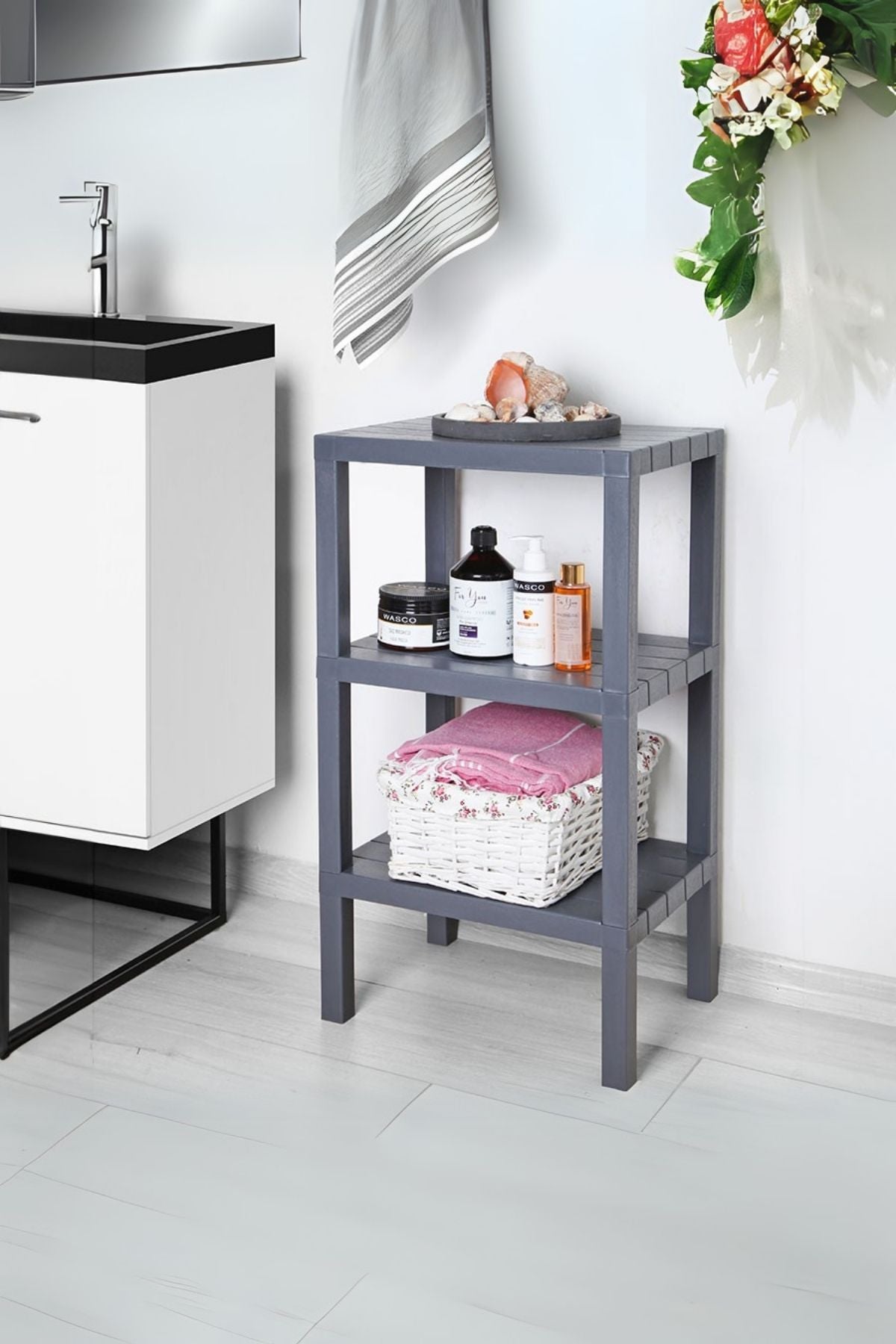 Omaş 3 Katlı Dikey Raf Düzenleyici Plastik Raf Ünitesi Siyah, Kitaplık, Banyo, Mutfak Rafı, Gri