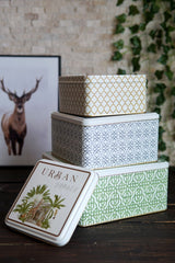 Jungle Desenli 3'lü Kare Metal Saklama Kabı Seti (2,2 Lt + 3,7 Lt + 5,8 Lt)