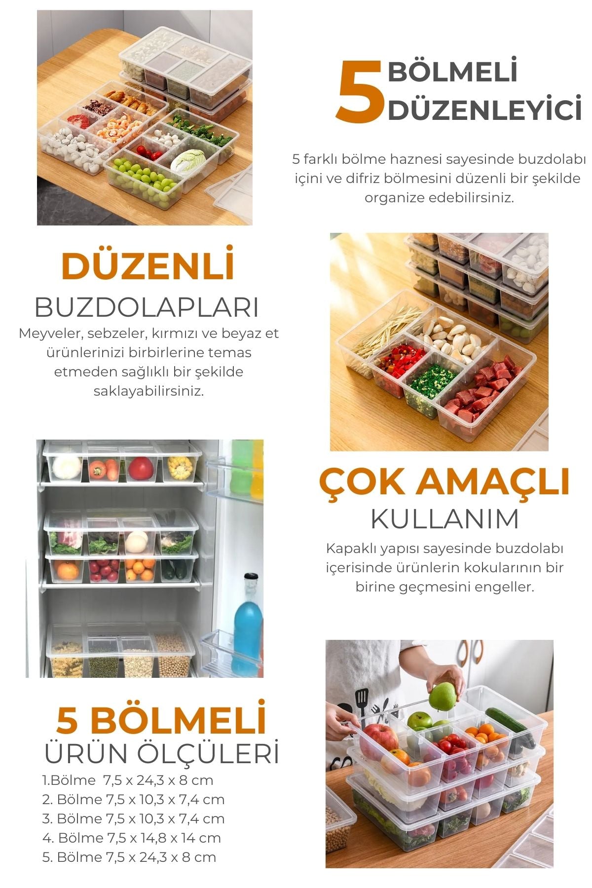 5 Bölmeli Buzdolabı Düzenleyici, Difriz Organizeri, Derin Dondurucu Düzenleyici