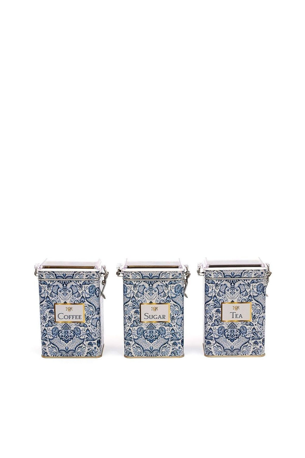 Lisbon Desenli Tea, Coffee, Sugar Şeffaf Kapaklı Metal Saklama Kabı 3'lü Set, 7,5 x 10 x 15 cm, 1 lt