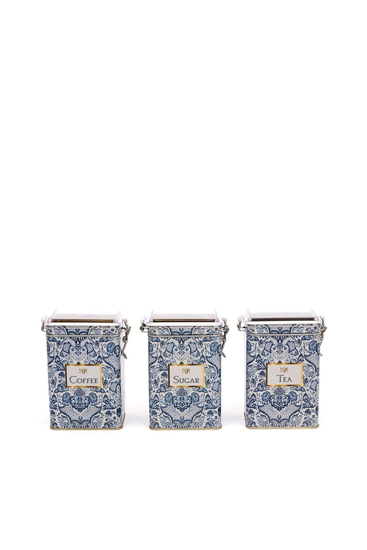 Lisbon Desenli Tea, Coffee, Sugar Şeffaf Kapaklı Metal Saklama Kabı 3'lü Set, 7,5 x 10 x 15 cm, 1 lt