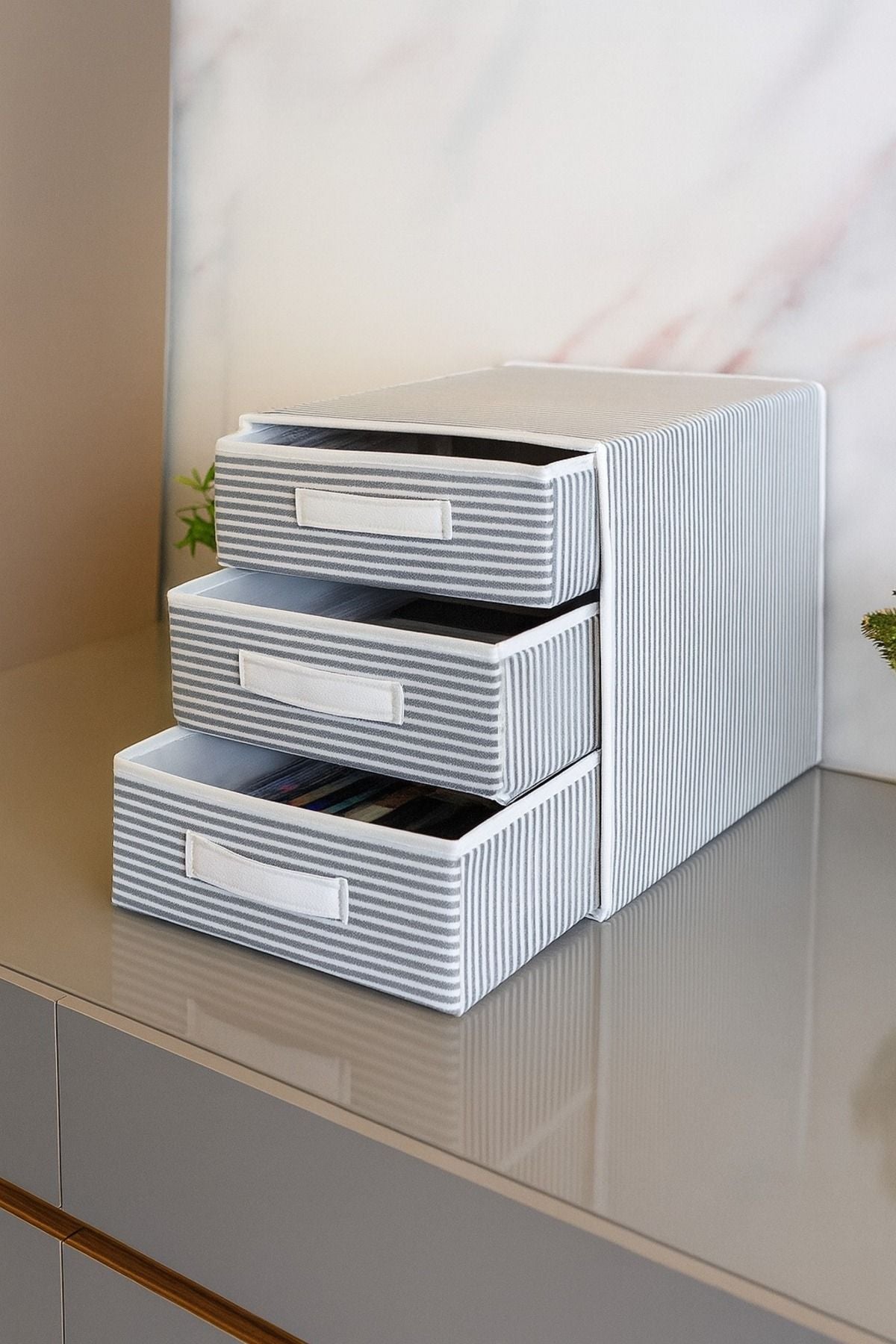 3 Bölmeli Kumaş Çekmece Organizer – 32 x 32 x 32 cm