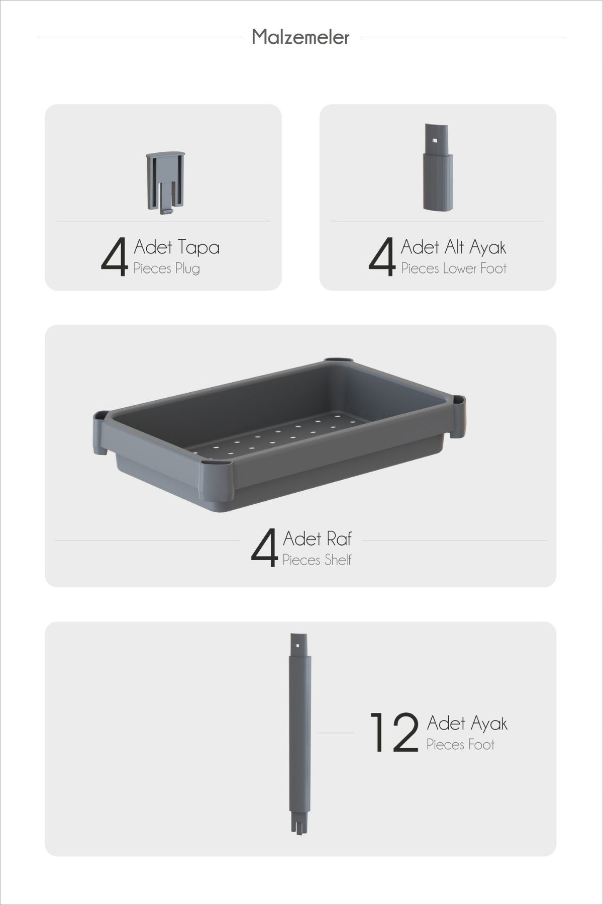 Omaş 4 Katlı Mutfak & Banyo Raf Ünitesi, Gri