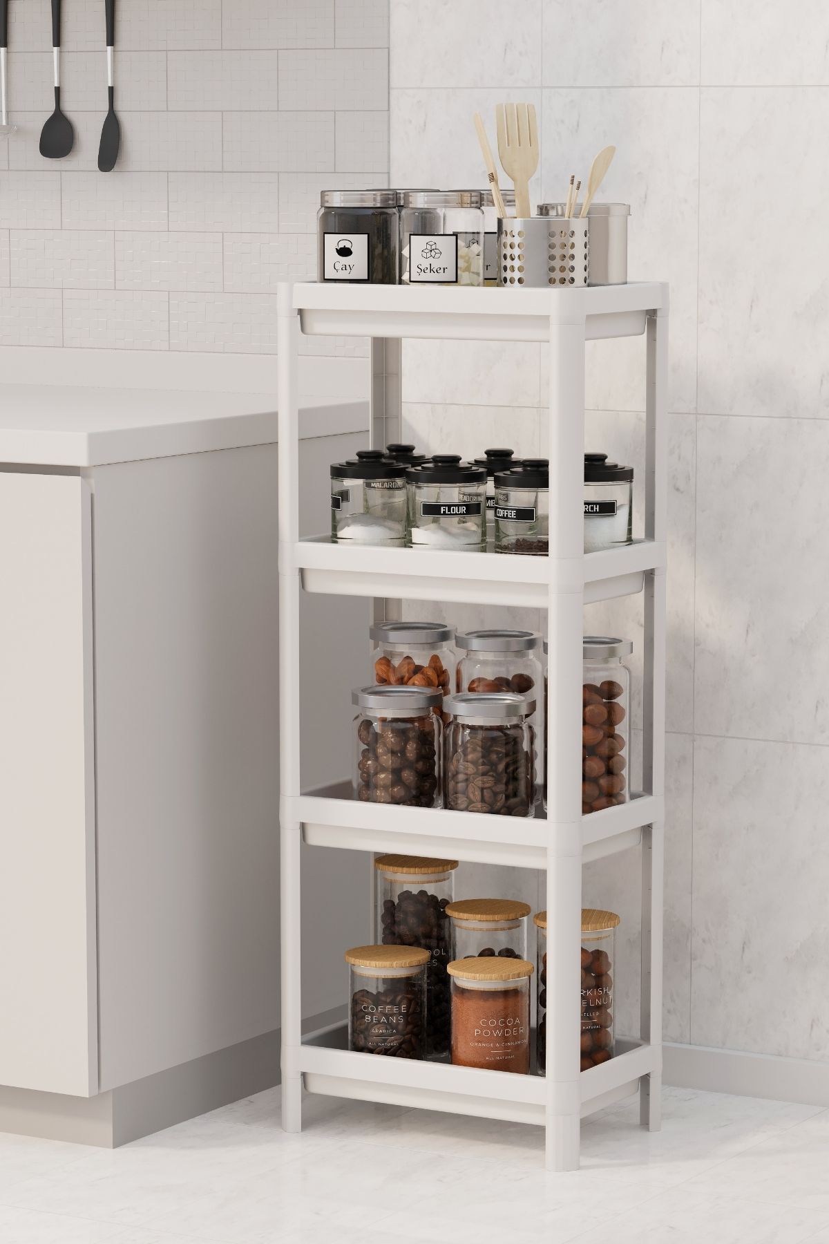 Omaş 4 Katlı Mutfak & Banyo Raf Ünitesi, Beyaz