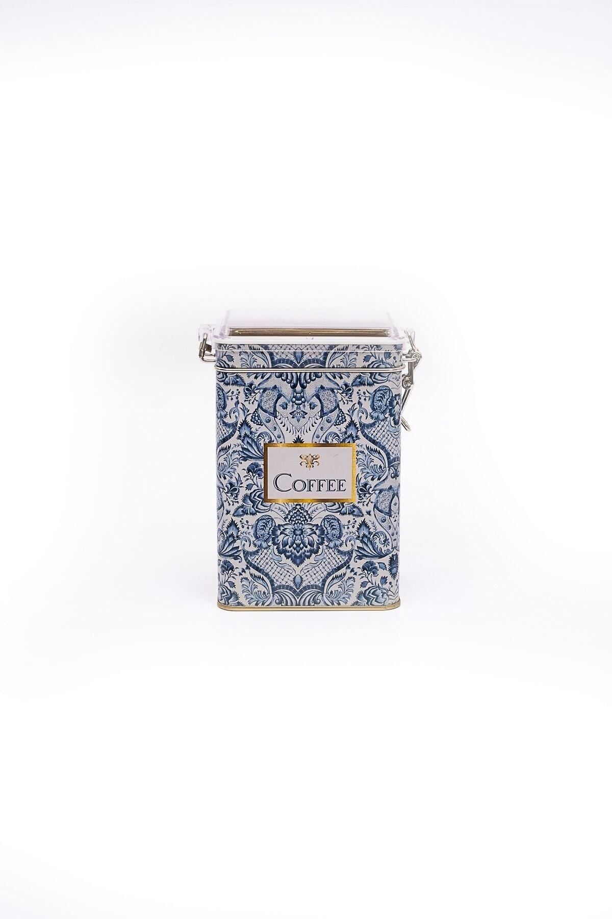 Lisbon Coffee Desenli Şeffaf Kapaklı Metal Saklama Kabı, 7,5 x 10 x 15 cm, 1 lt