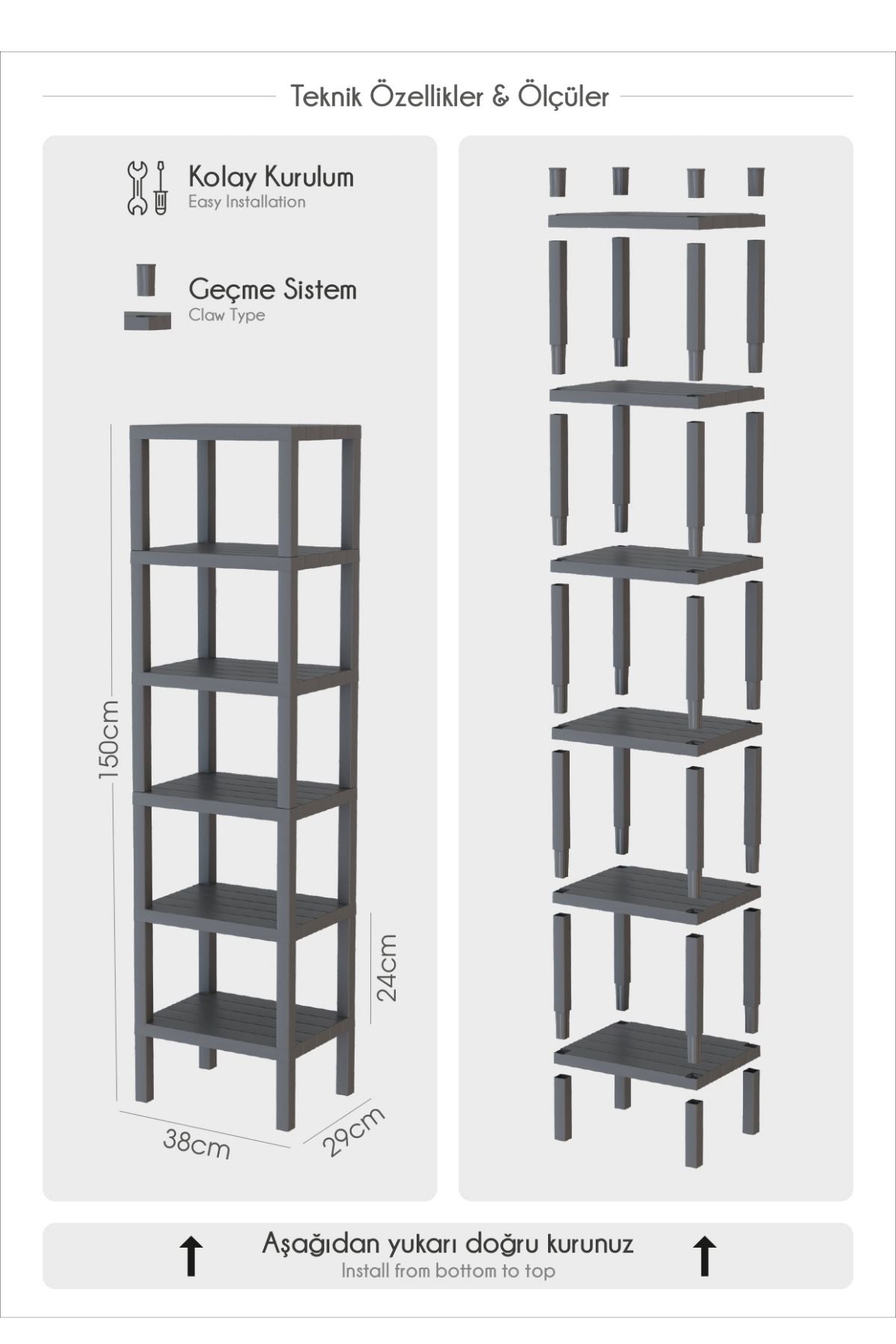 Omaş 6 Katlı Dikey Raf Düzenleyici Plastik Raf Ünitesi Beyaz, Kitaplık, Banyo, Mutfak Rafı, Beyaz