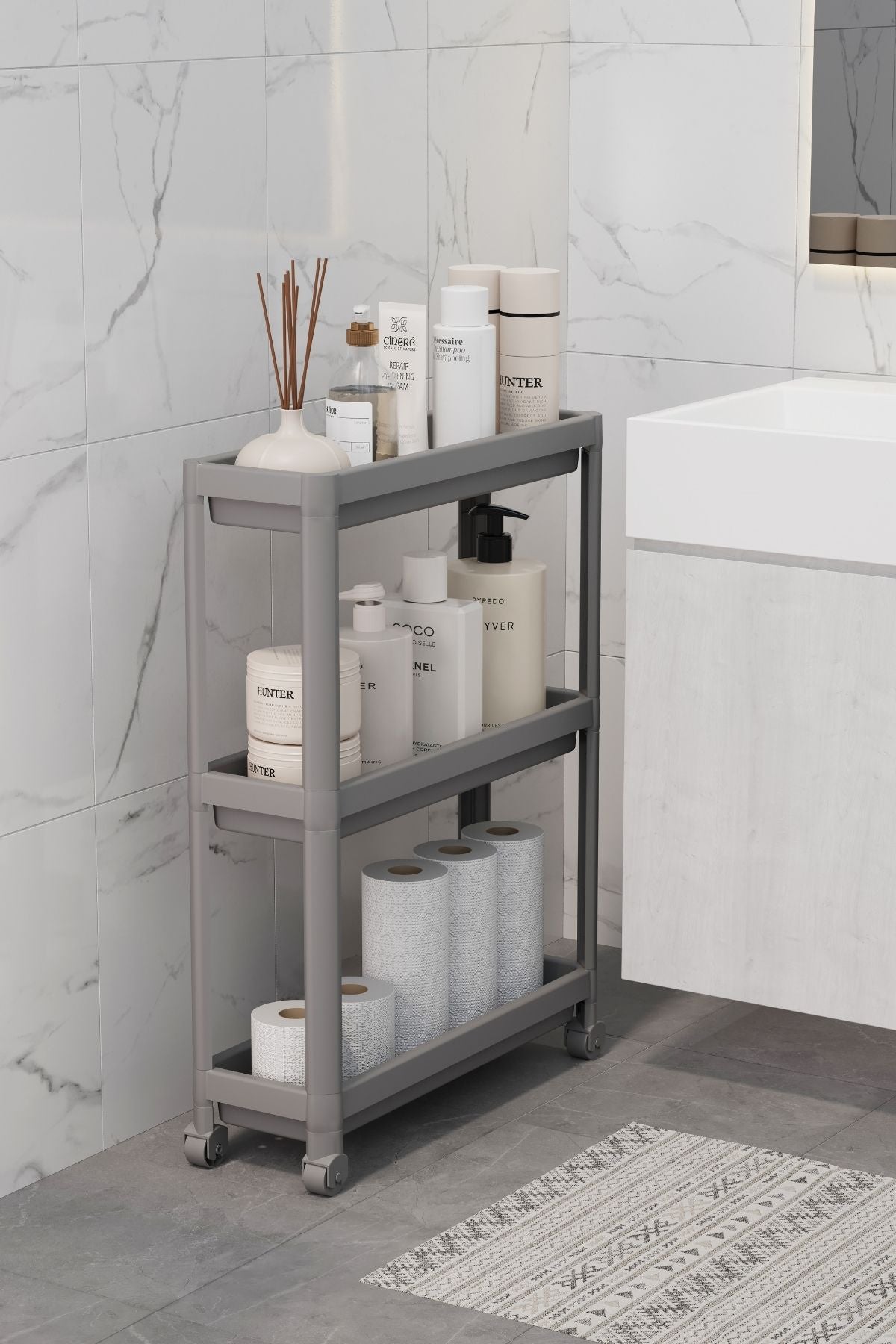 Omaş 3 Katlı Tekerlekli Slim Raf Ünitesi, Mutfak Rafı, Banyo Rafı