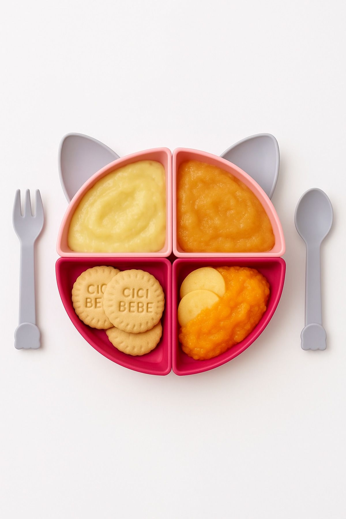 Kedi Kulaklı 4 Bölmeli Mama Tabağı + Kaşık Çatal Seti (22 cm) - Bebek ve Çocuklar İçin